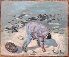 Le Pêcheur à Pied French Coastal Figure Painting of Shoreline Foraging