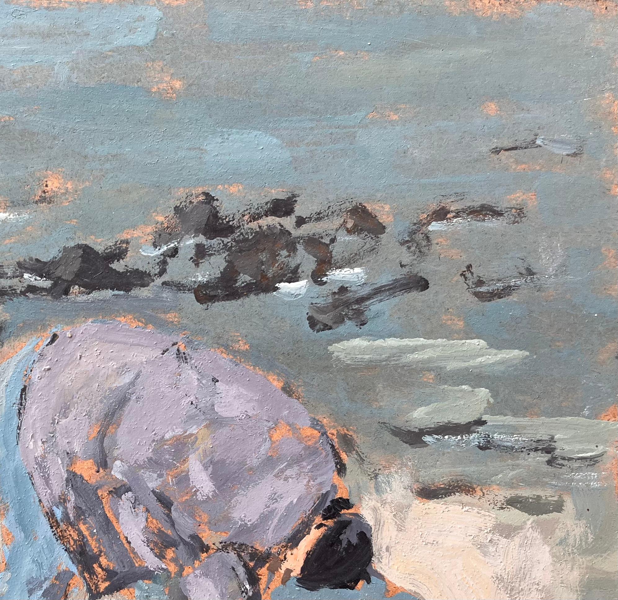 Le Pêcheur à Pied Pintura francesa de figura costera de forrajeo en la costa - Interior Painting Gris de Fanch Lel