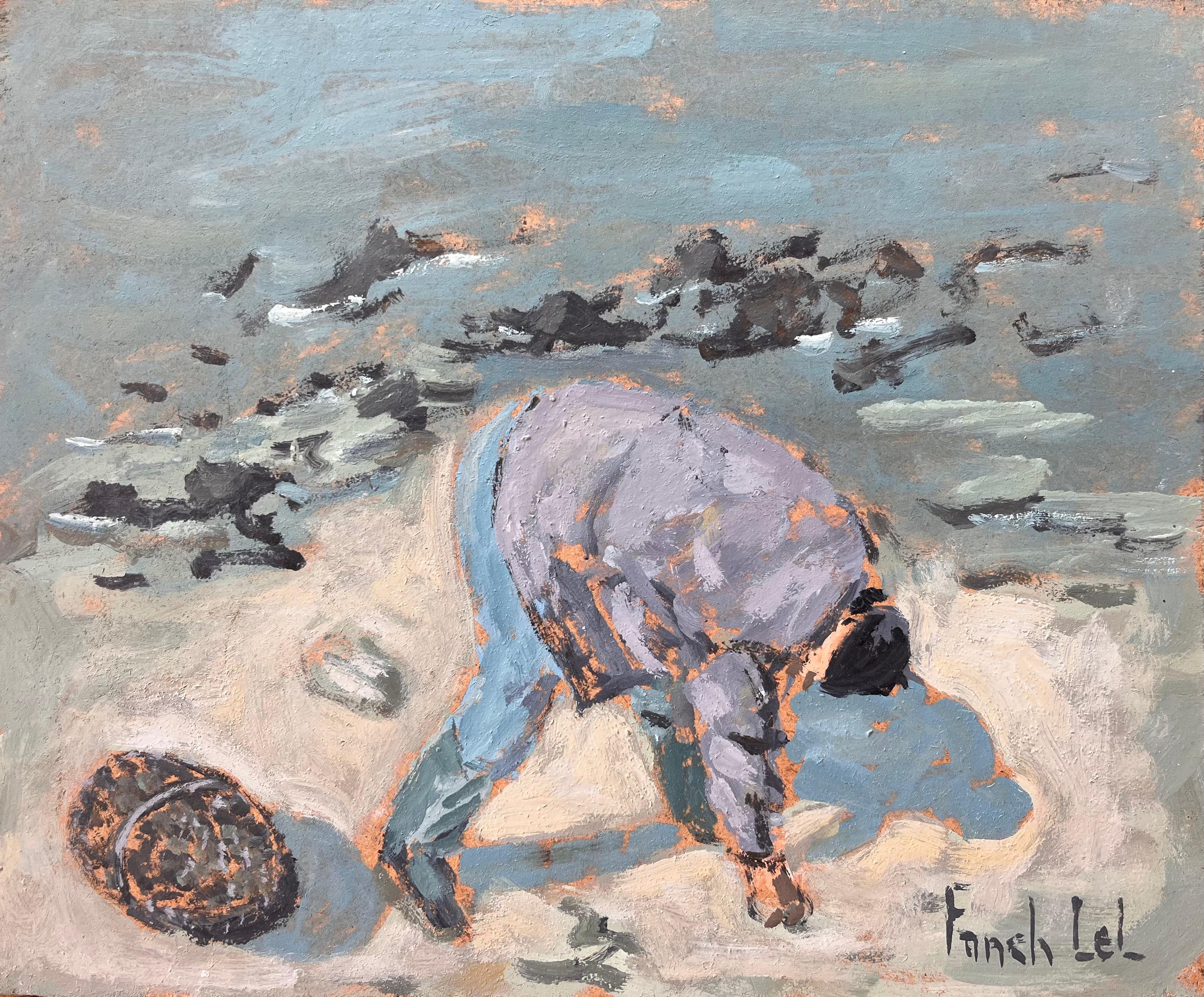 Le Pêcheur à Pied Figure côtière française Peinture de recherche de nourriture sur le rivage