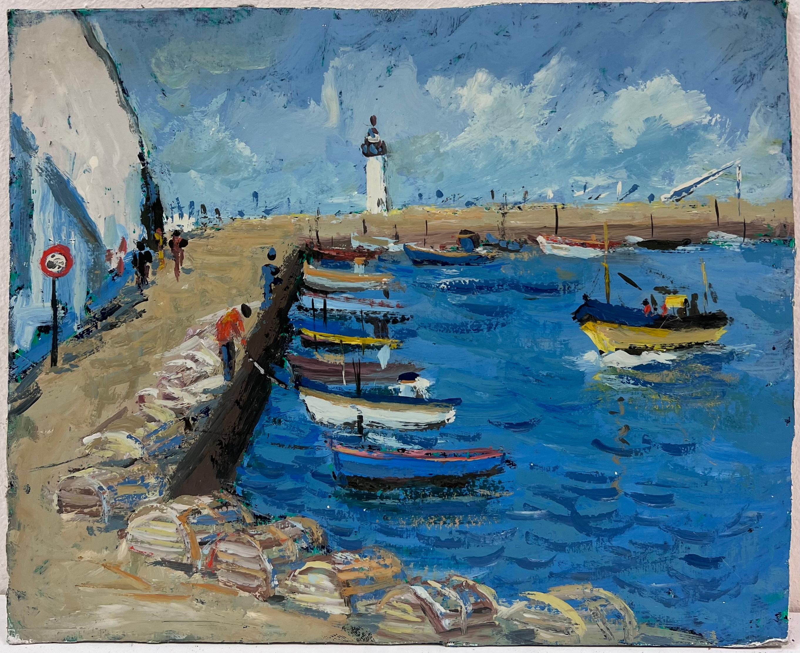 Lively Blue Seaside Scene with a Lighthouse and Fishermen Preparing on the Dock - Painting by Fanch Lel