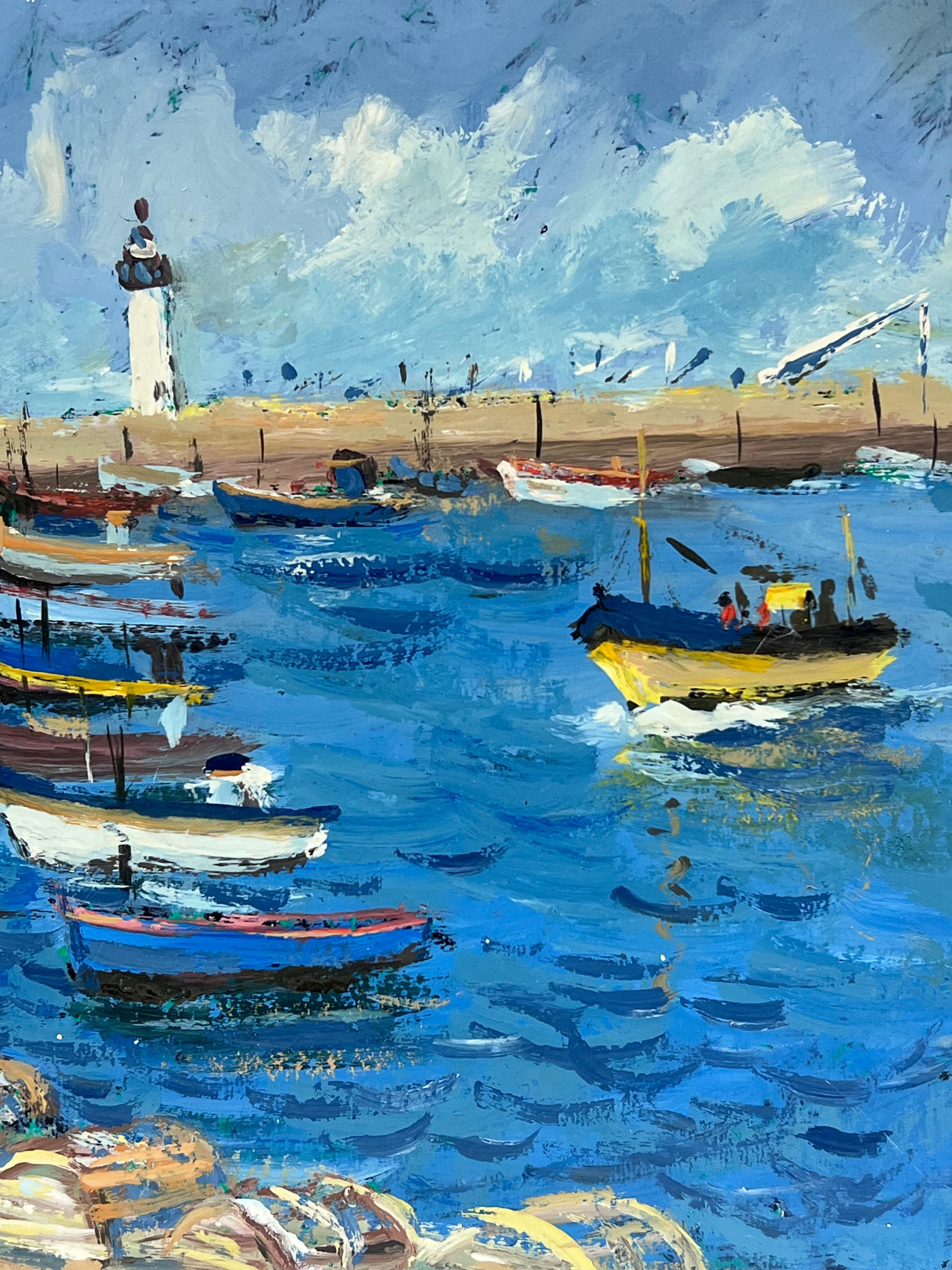 Lively Blue Seaside Scene with a Lighthouse and Fishermen Preparing on the Dock - Impressionist Painting by Fanch Lel