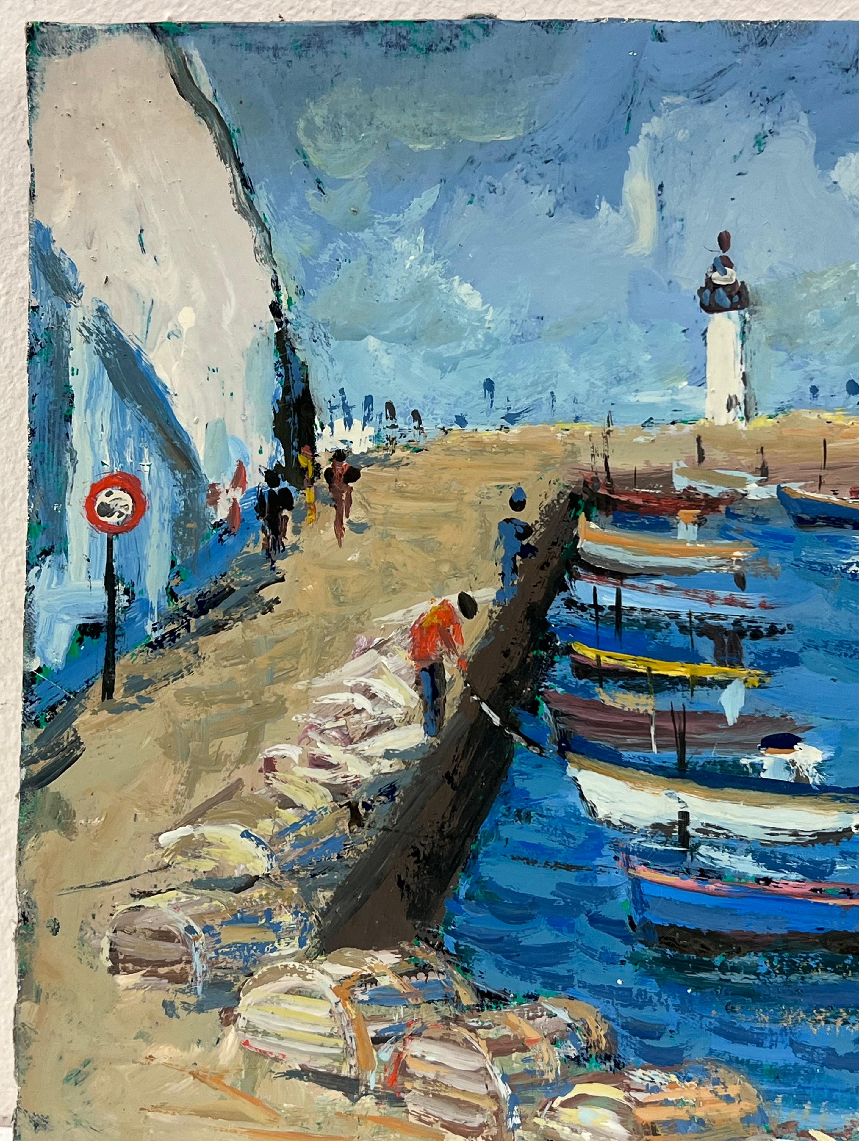Boats Resting in the Harbor 
by Fanch Lel (French b. 1930)
size: 9 x 10.75 inches
oil painting on board, unframed
condition: the painting is in very good condition. It has previously been stored in the artists studio. 

Provenance: all the paintings