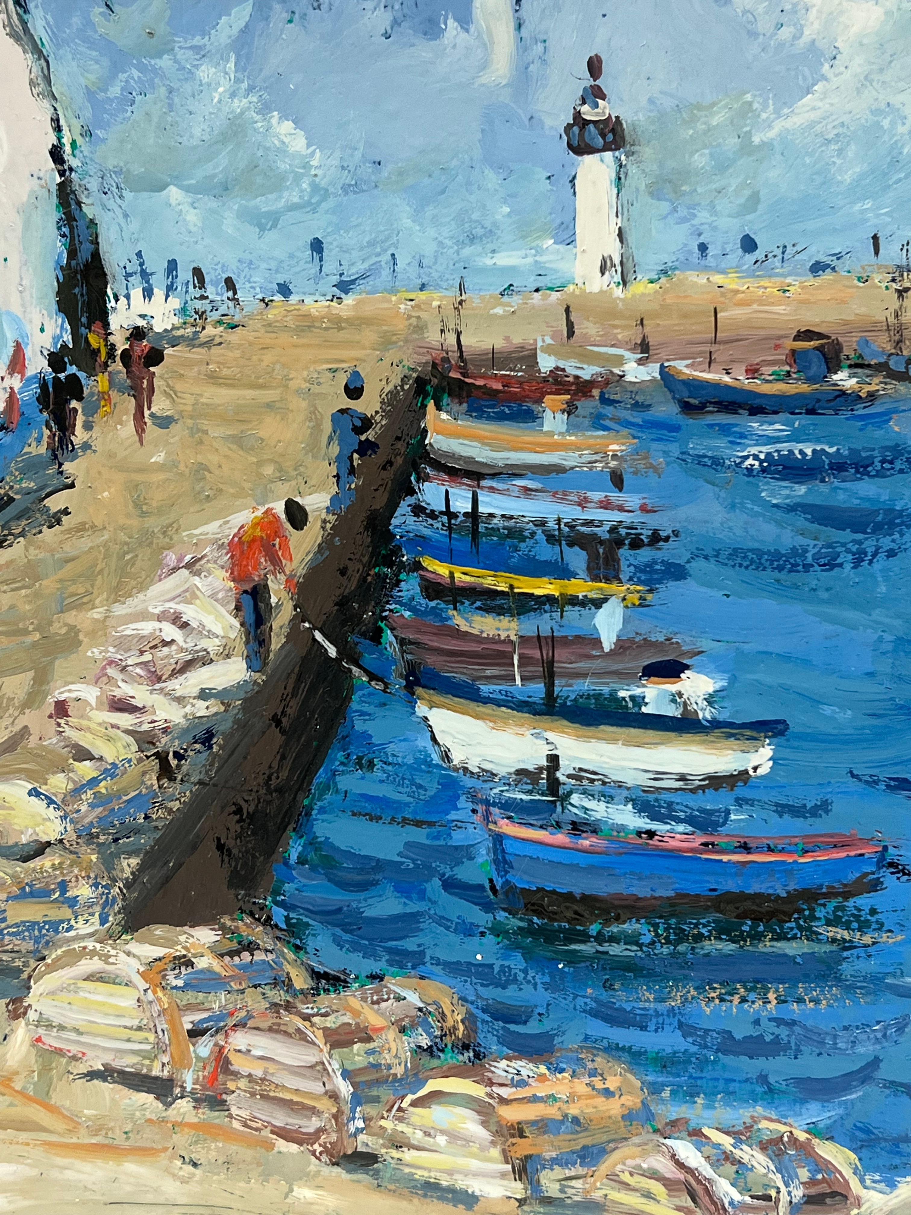 Lively Blue Seaside Scene with a Lighthouse and Fishermen Preparing on the Dock For Sale 1