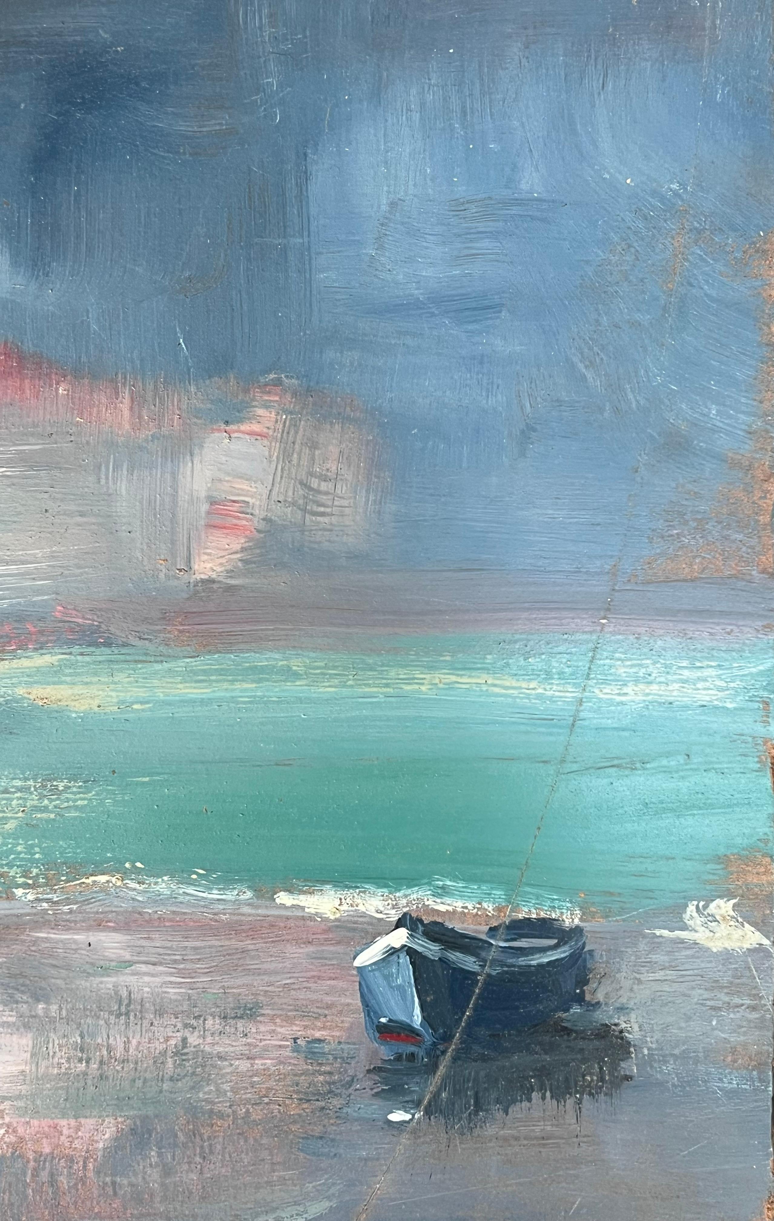 Peinture à l'huile française représentant un voilier bleu solitaire dans un paysage de mer turquoise et lumineux en vente 5