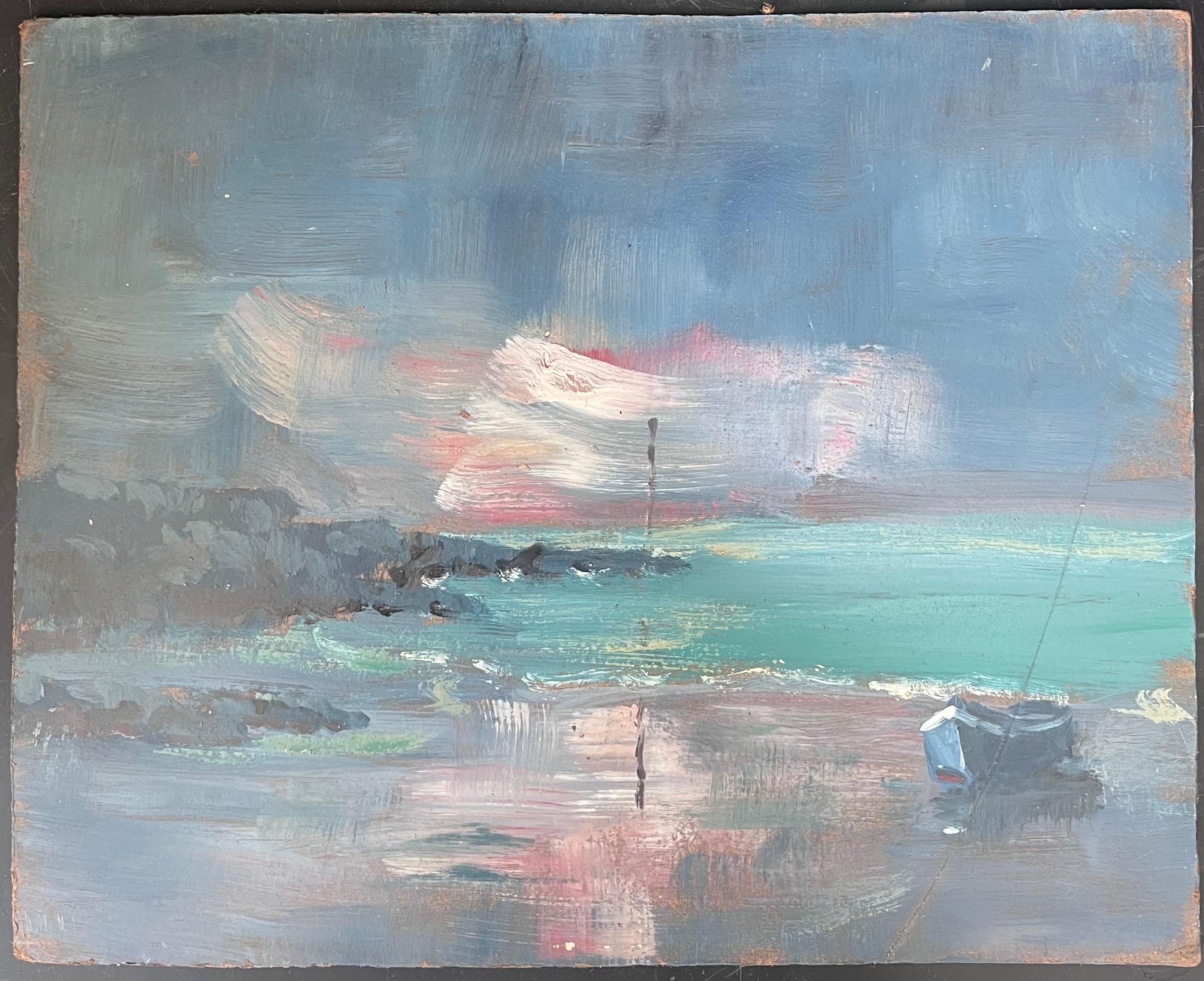 Peinture à l'huile française représentant un voilier bleu solitaire dans un paysage de mer turquoise et lumineux - Painting de Fanch Lel