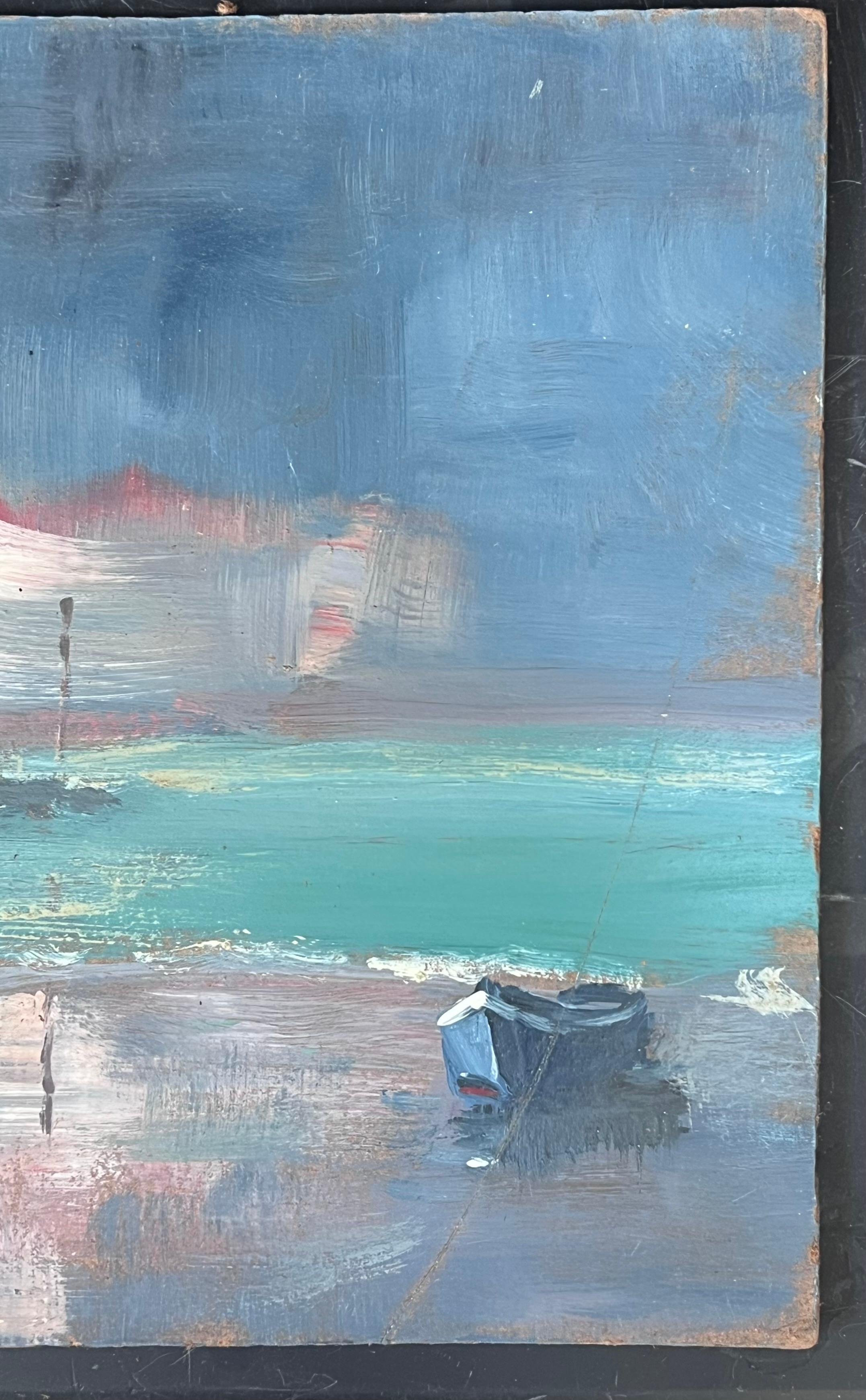 Peinture à l'huile française représentant un voilier bleu solitaire dans un paysage de mer turquoise et lumineux en vente 2