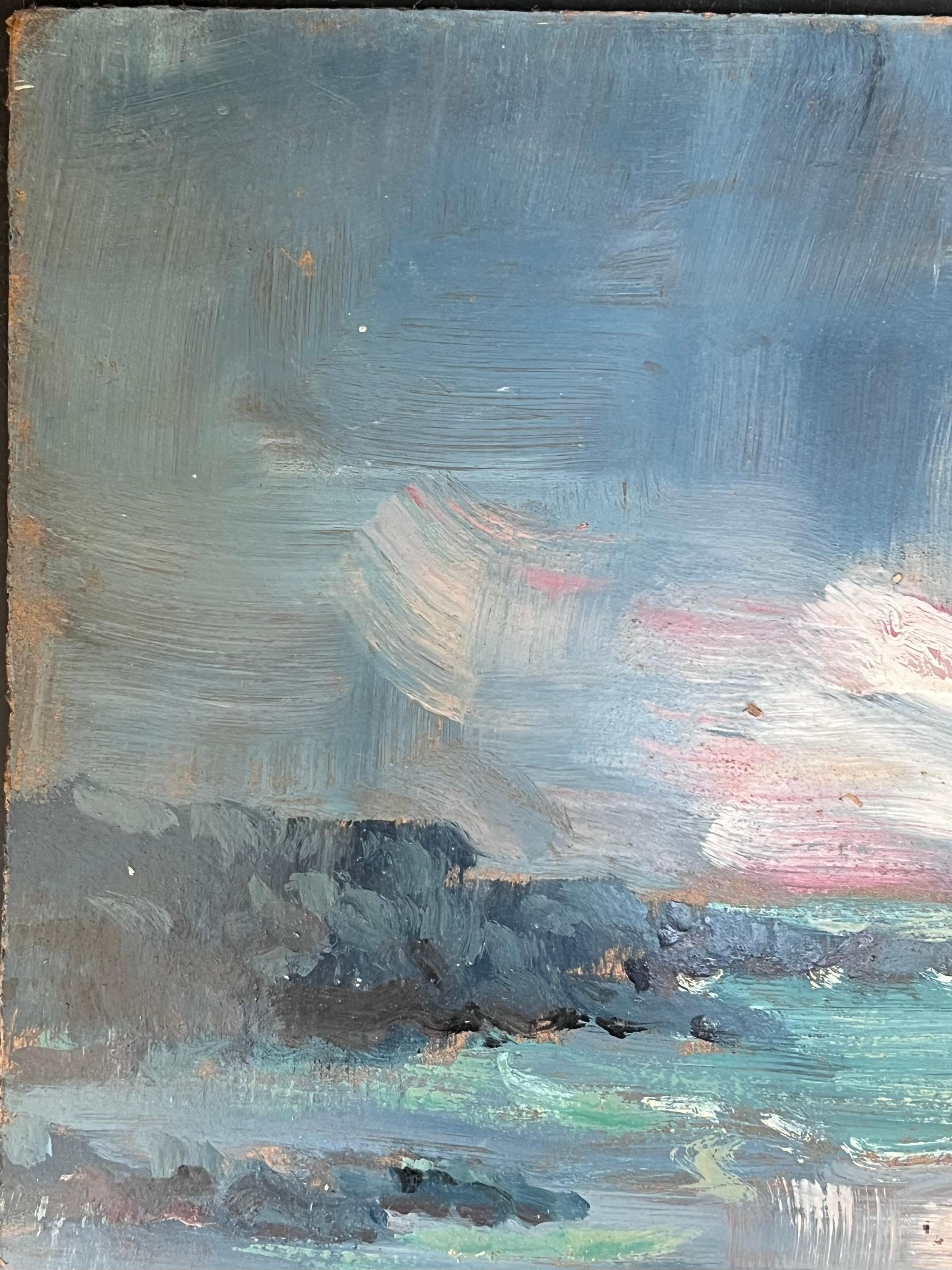 Peinture à l'huile française représentant un voilier bleu solitaire dans un paysage de mer turquoise et lumineux en vente 3