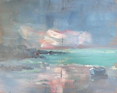 Lonely Blue Sailing Boat in Turquoise Bright Sea Landscape French Oil Painting
