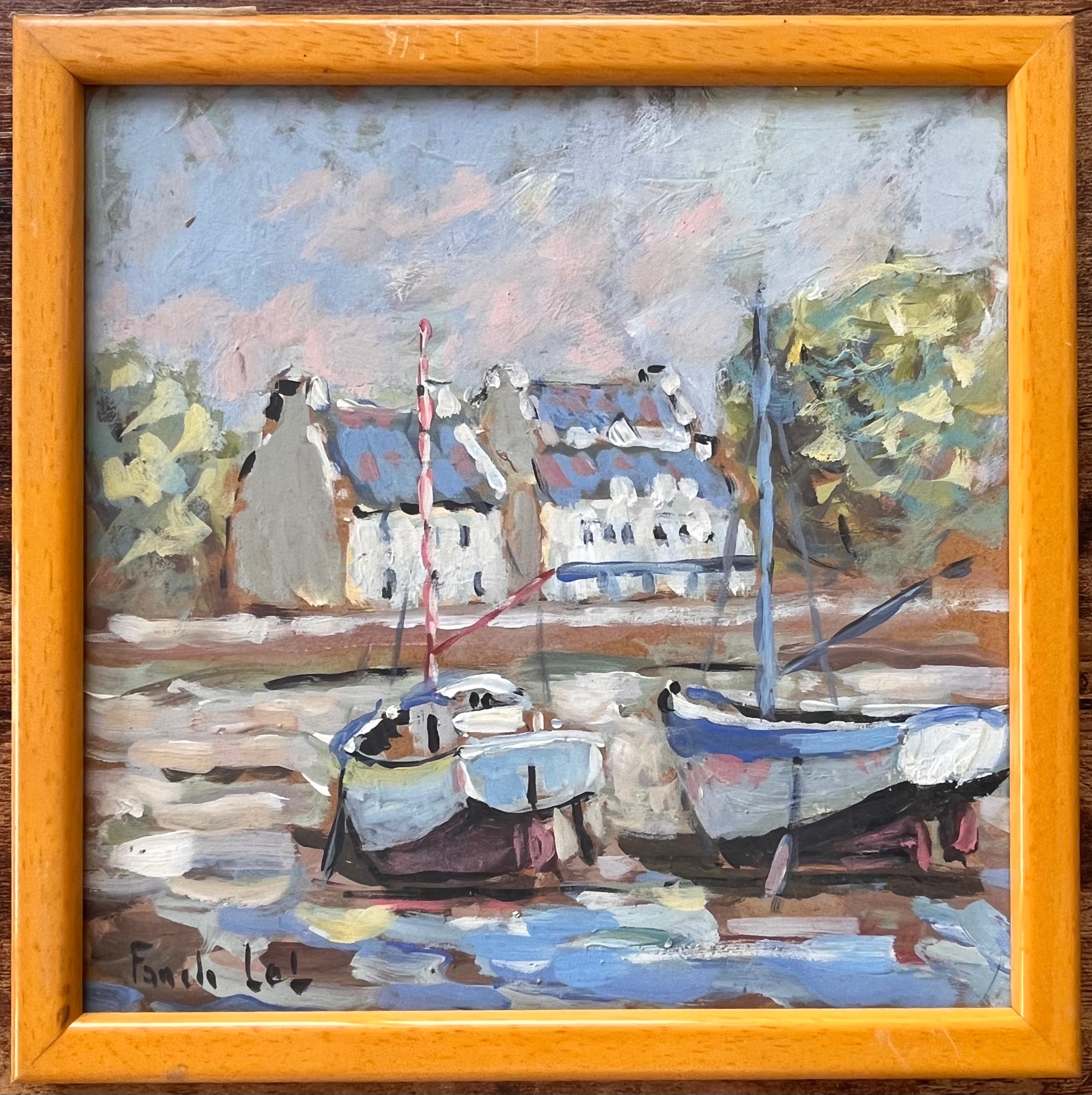 Low Tide Boote und Breton Houses in La Foret Fouesnant Küstenszene – Painting von Fanch Lel