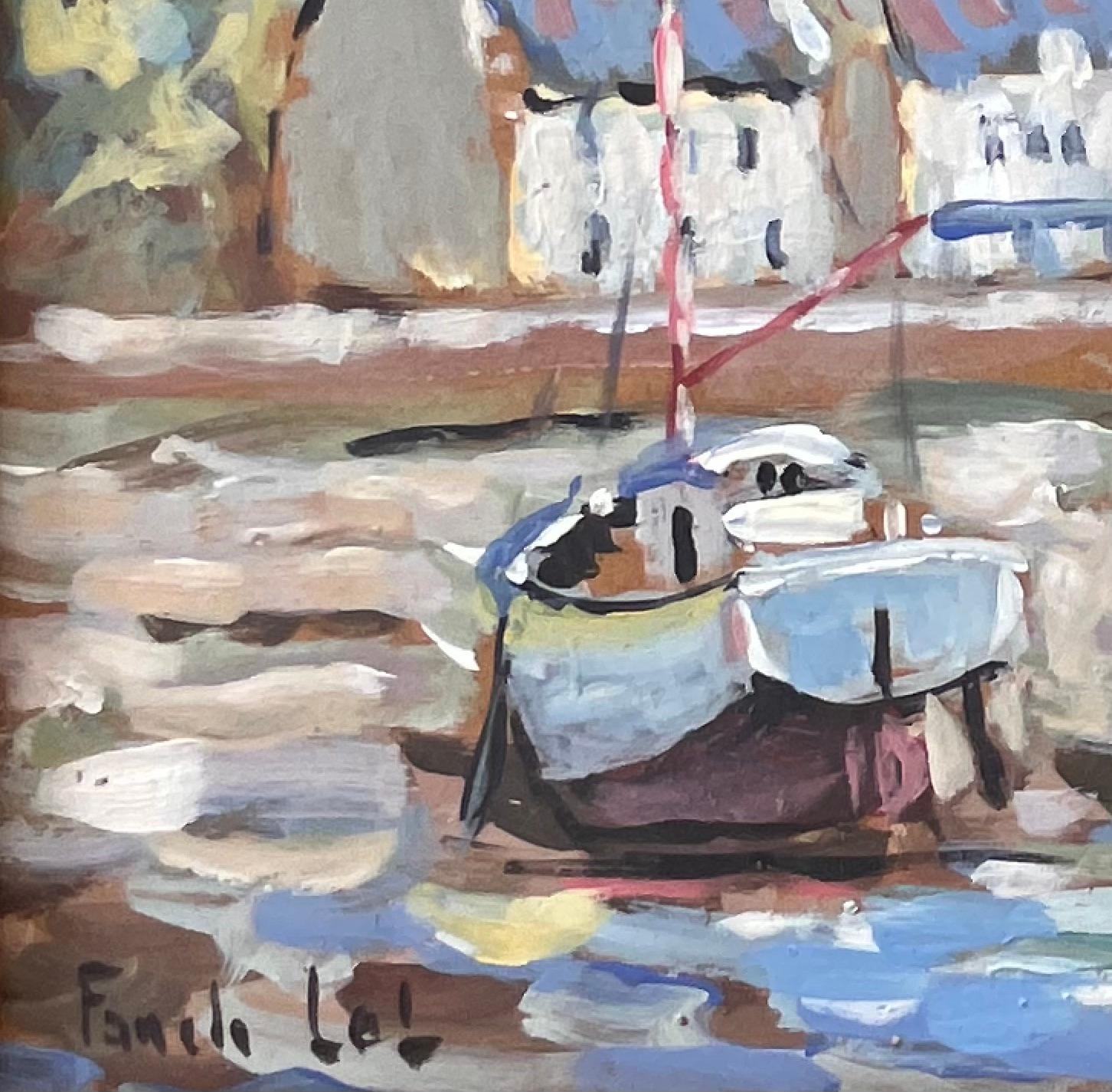 Low Tide Boote und Breton Houses in La Foret Fouesnant Küstenszene (Impressionismus), Painting, von Fanch Lel