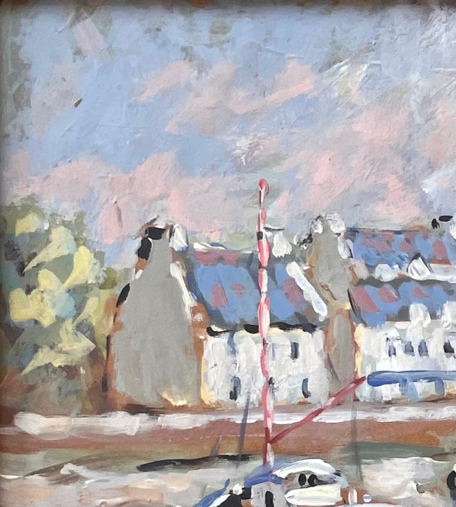 Titel: Boote und bretonische Häuser bei Ebbe in der Küstenszene von La Foret Fouesnant
von Fanch Lel
Unterschrieben: Ja
Größe: 8,75 Zoll (Höhe) x 8,75 Zoll (Breite) (Größe ohne Rahmen; 7,75 Zoll (Höhe) x 7,75 Zoll (Breite))
Medium: Öl auf Karton,