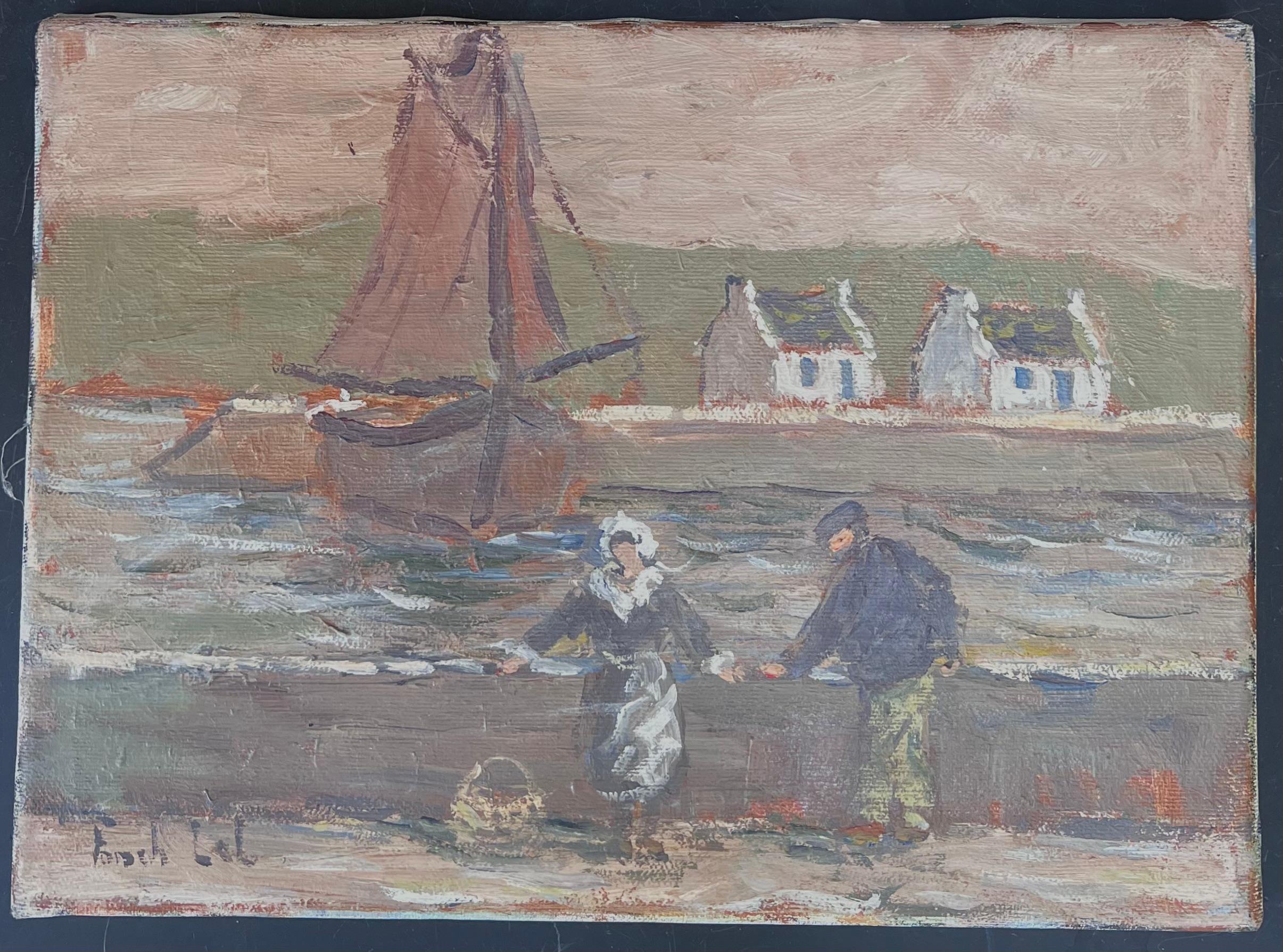 Maid and Fisherman Watching the Quiet Harbour Impressionist French Oil Painting - Gray Figurative Painting by Fanch Lel