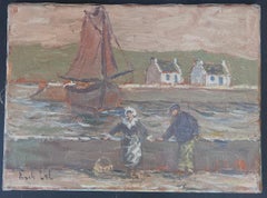 Maid and Fisherman Watching the Quiet Harbour Impressionist French Oil Painting