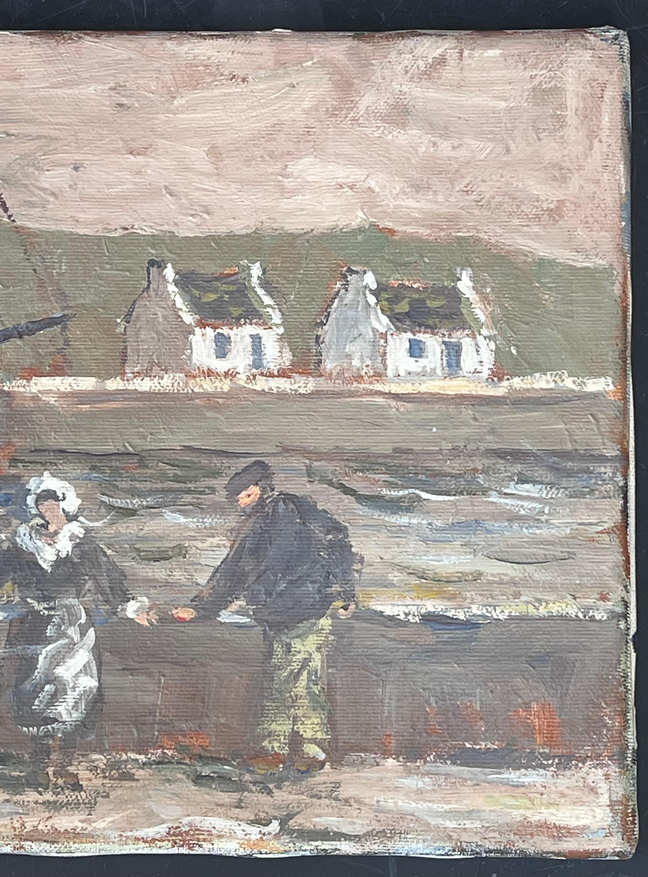 Maid and Fisherman 
signed by Fanch Lel
Size: 9.5 x 13 inches (height x width)
Oil painting on canvas, unframed
Inscribed Verso
Condition: Good condition overall with minor surface handling marks and light wear to edges, consistent with its medium