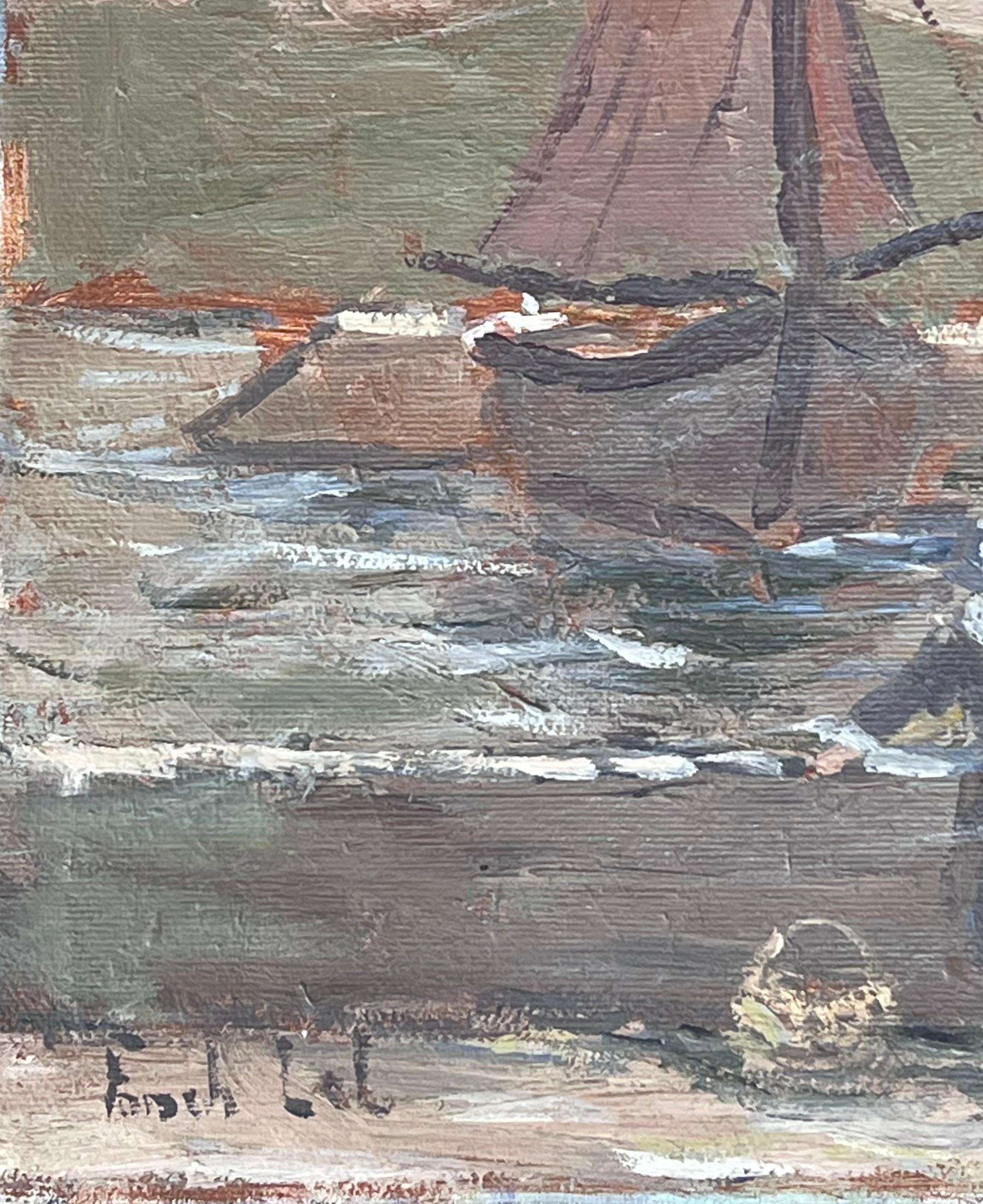 Maid and Fisherman Watching the Quiet Harbour Impressionist French Oil Painting For Sale 1