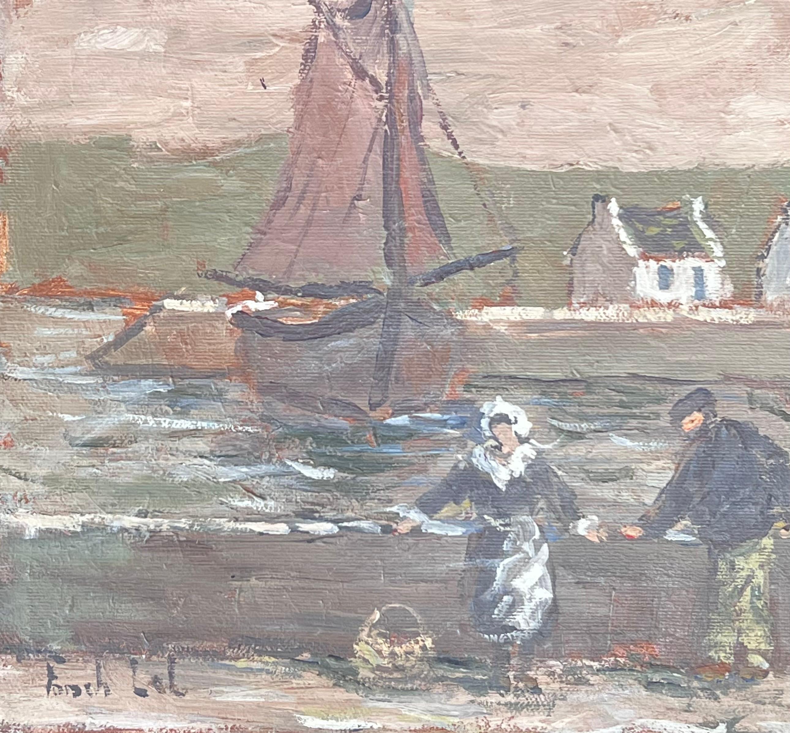 Maid and Fisherman Watching the Quiet Harbour Impressionist French Oil Painting For Sale 2