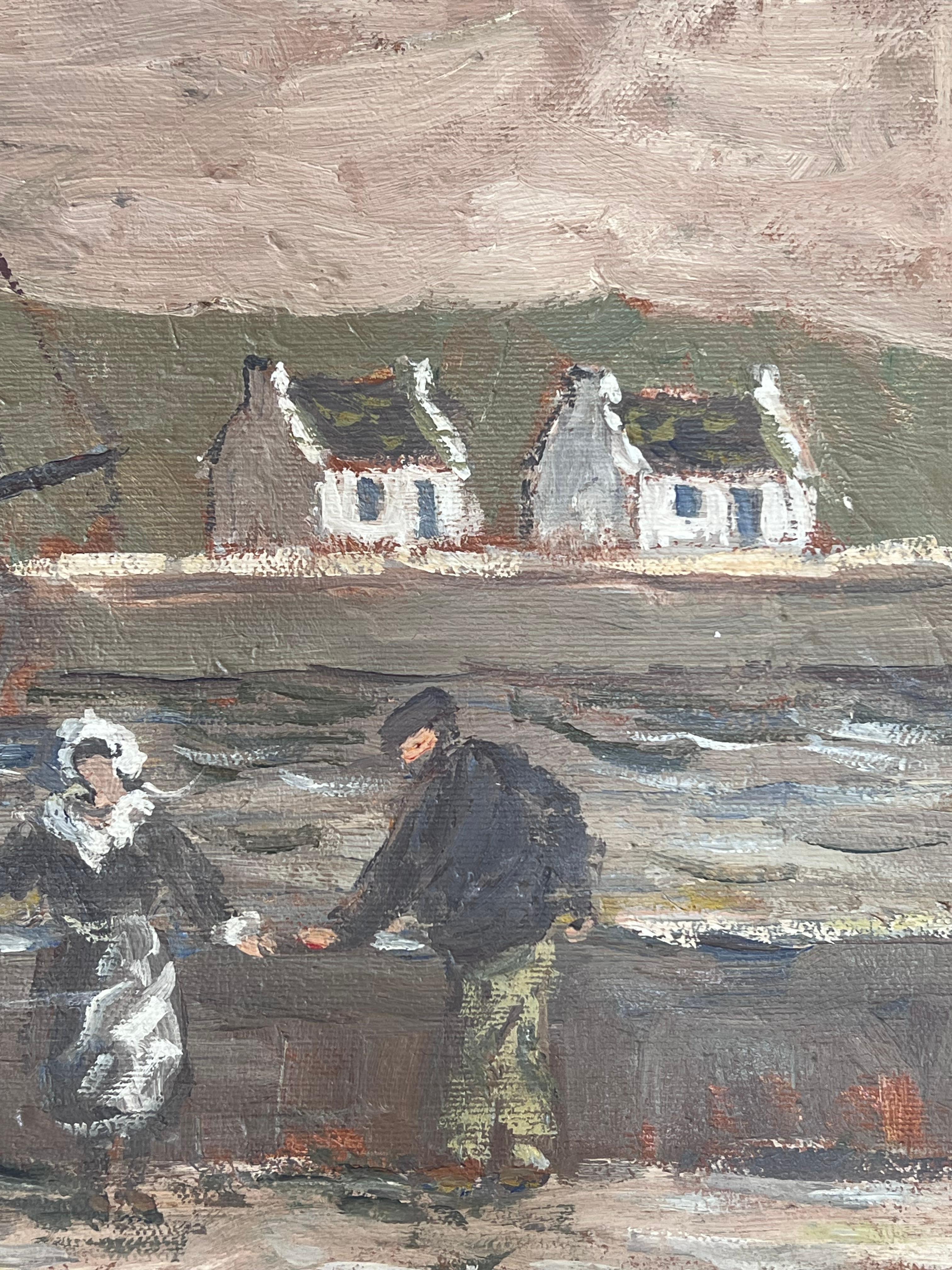 Maid and Fisherman Watching the Quiet Harbour Impressionist French Oil Painting For Sale 3