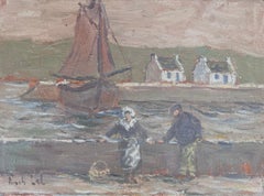 Maid and Fisherman Watching the Quiet Harbour Impressionist French Oil Painting