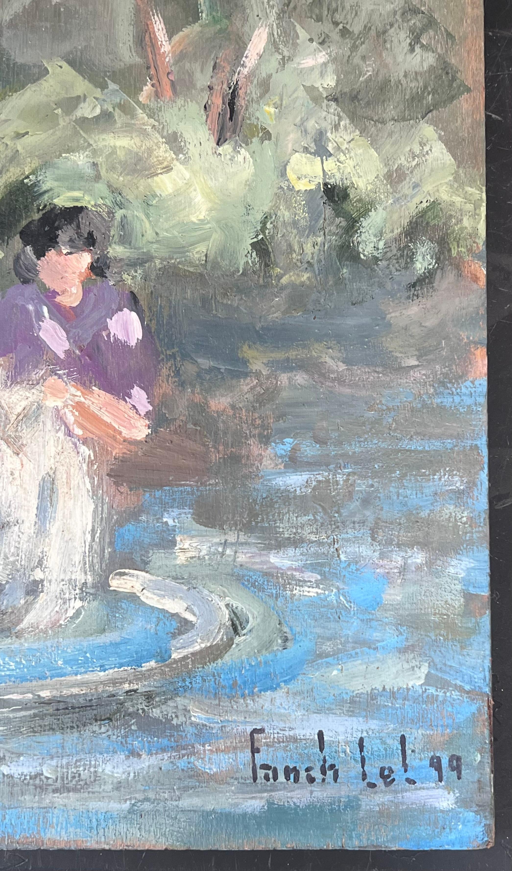 Maids Washing 
signed by Fanch Lel
dated 99'
Size: 11 x 14 inches (height x width)
Oil painting on thick board, unframed
Condition: Good condition overall with minor surface handling marks and light wear to edges, consistent with its medium and