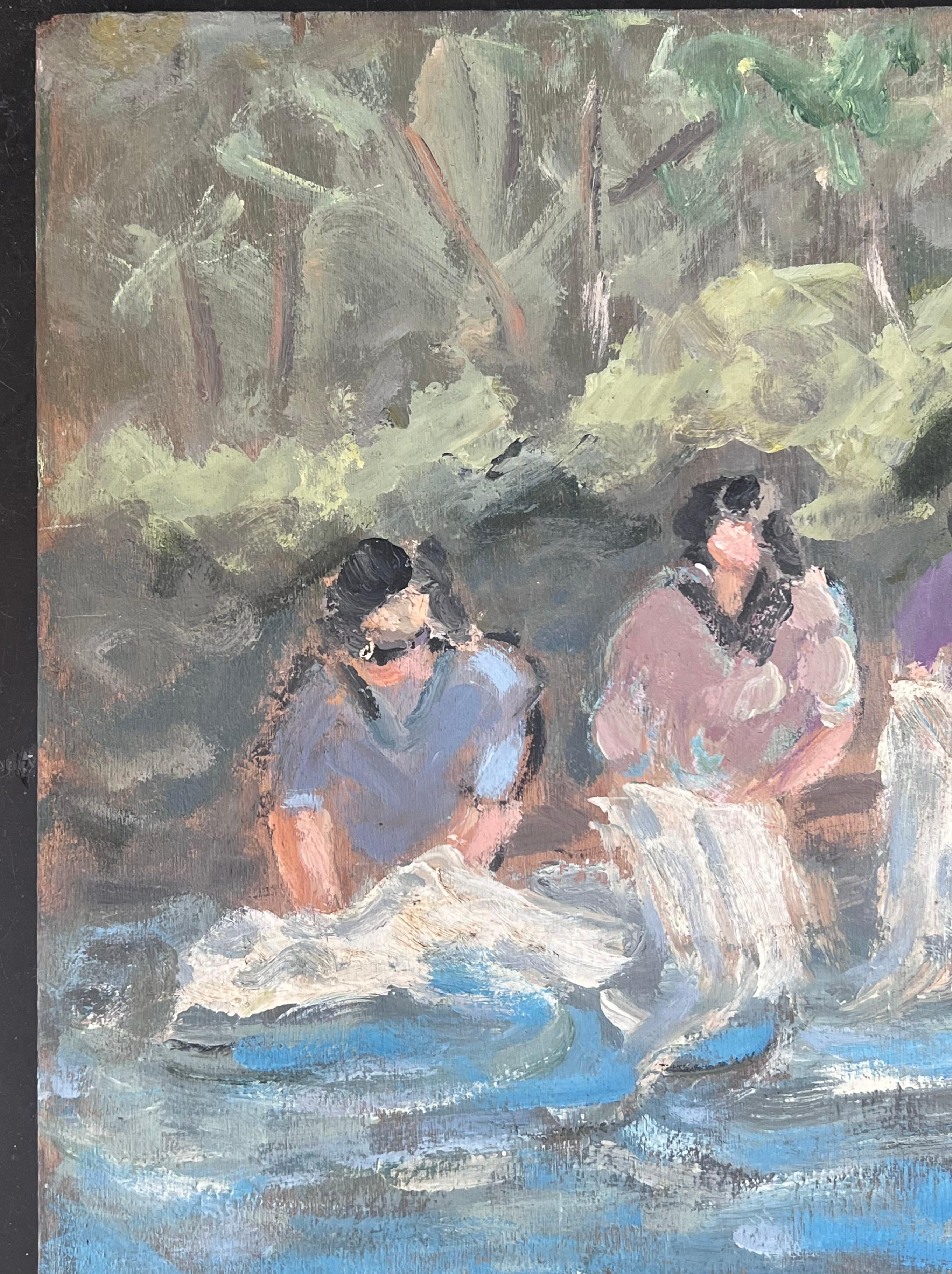 Maids Washing The Clothes In The Steam French Landscape Oil Painting For Sale 1