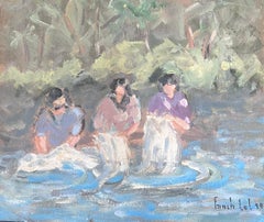 Maids Washing The Clothes In The Steam French Landscape Oil Painting