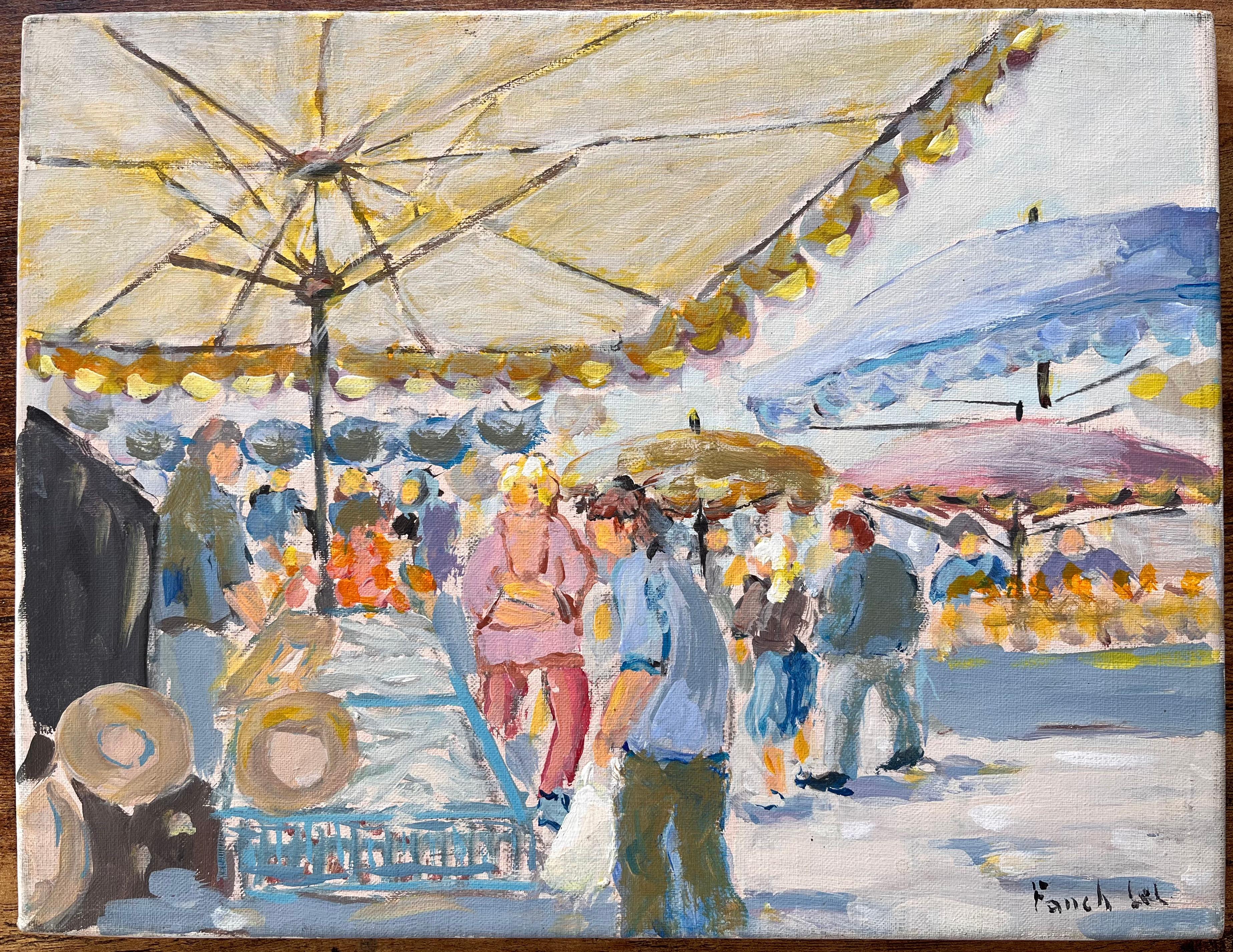 Marché de Dinan - Scena di mercato francese con ombrelli e acquirenti - Painting di Fanch Lel