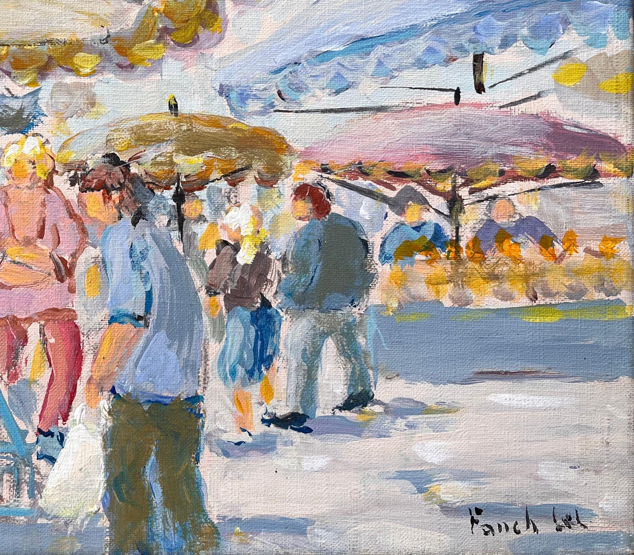 Marché de Dinan - Scena di mercato francese con ombrelli e acquirenti - Painting Impressionismo di Fanch Lel