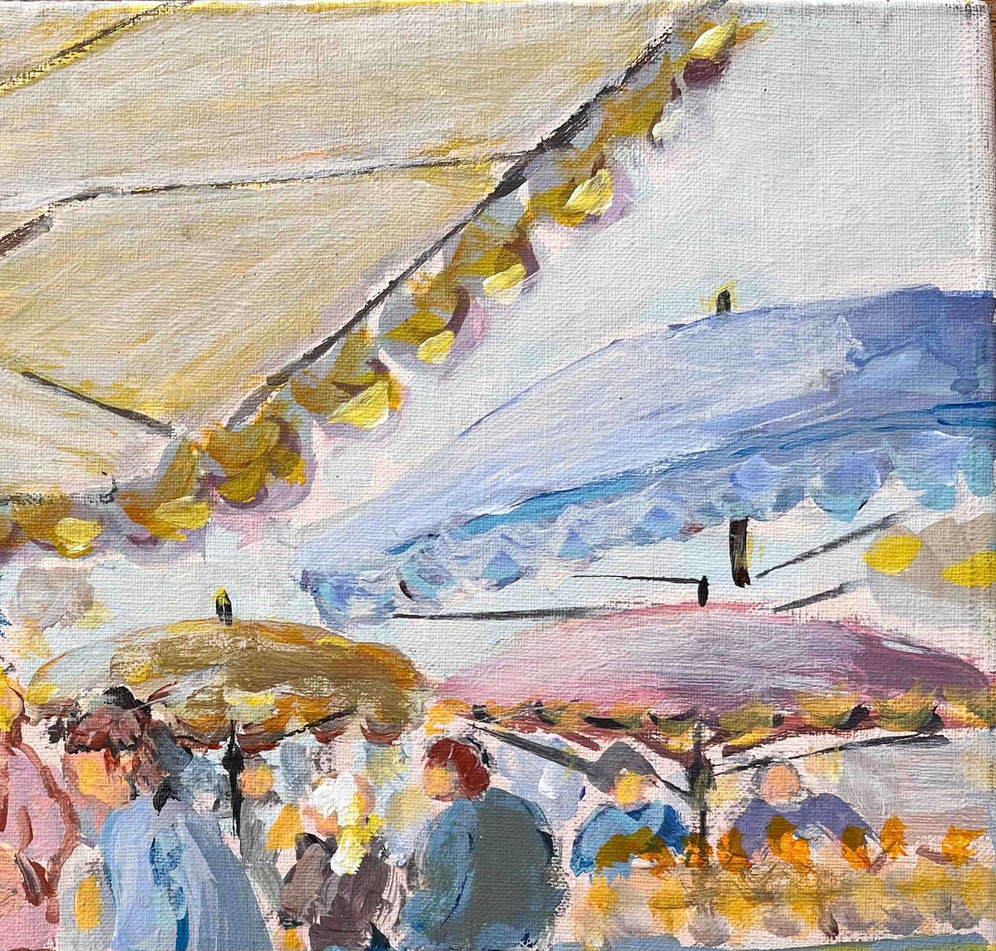 Marché de Dinan - Scena di mercato francese con ombrelli e acquirenti - Landscape Painting Grigio di Fanch Lel