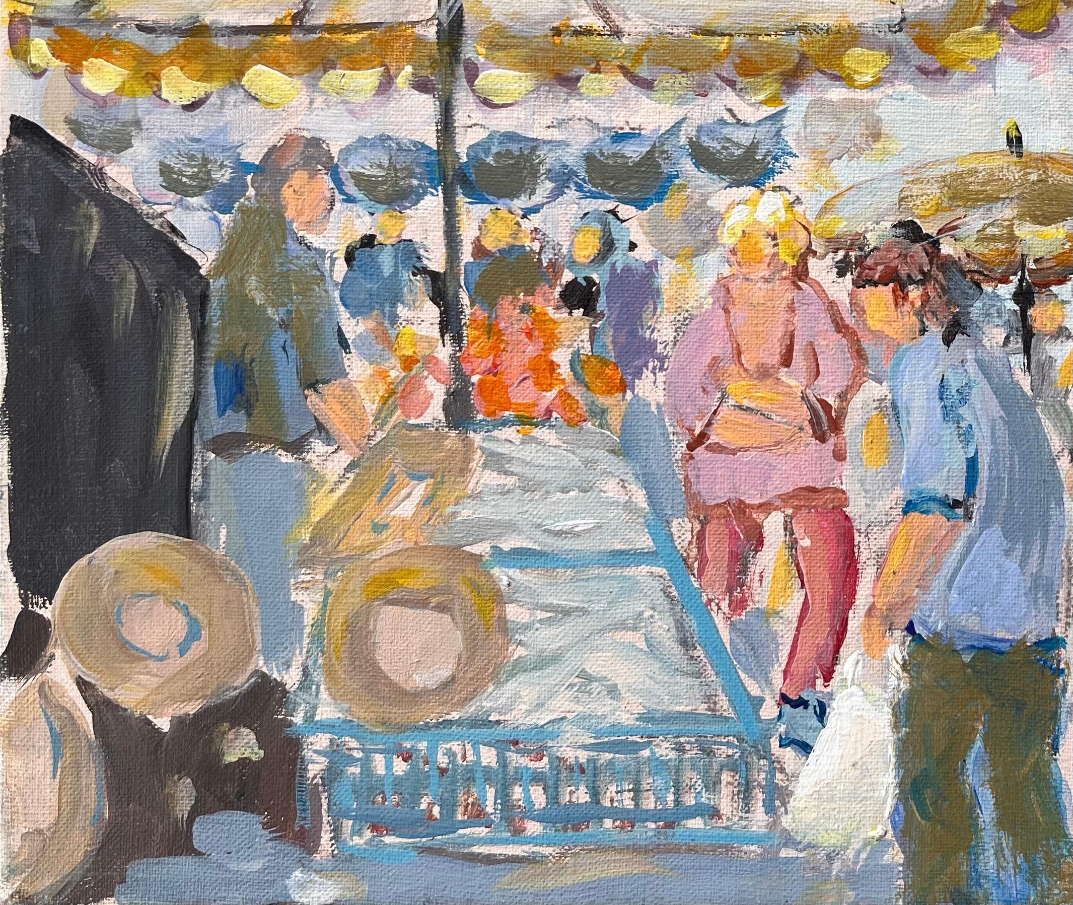 Titolo: Marché de Dinan - Scena di mercato francese con ombrelloni e acquirenti
Da Fanch Lel
Firmato: Yes One
Dimensioni: 10,5 x 13,75 pollici (altezza x larghezza)
Pittura acrilica su tela, senza cornice
Condizioni: Il dipinto è in buone
