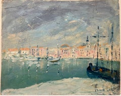 Impresionista de mediados del siglo XX Vista costera Tranquila escena portuaria con veleros