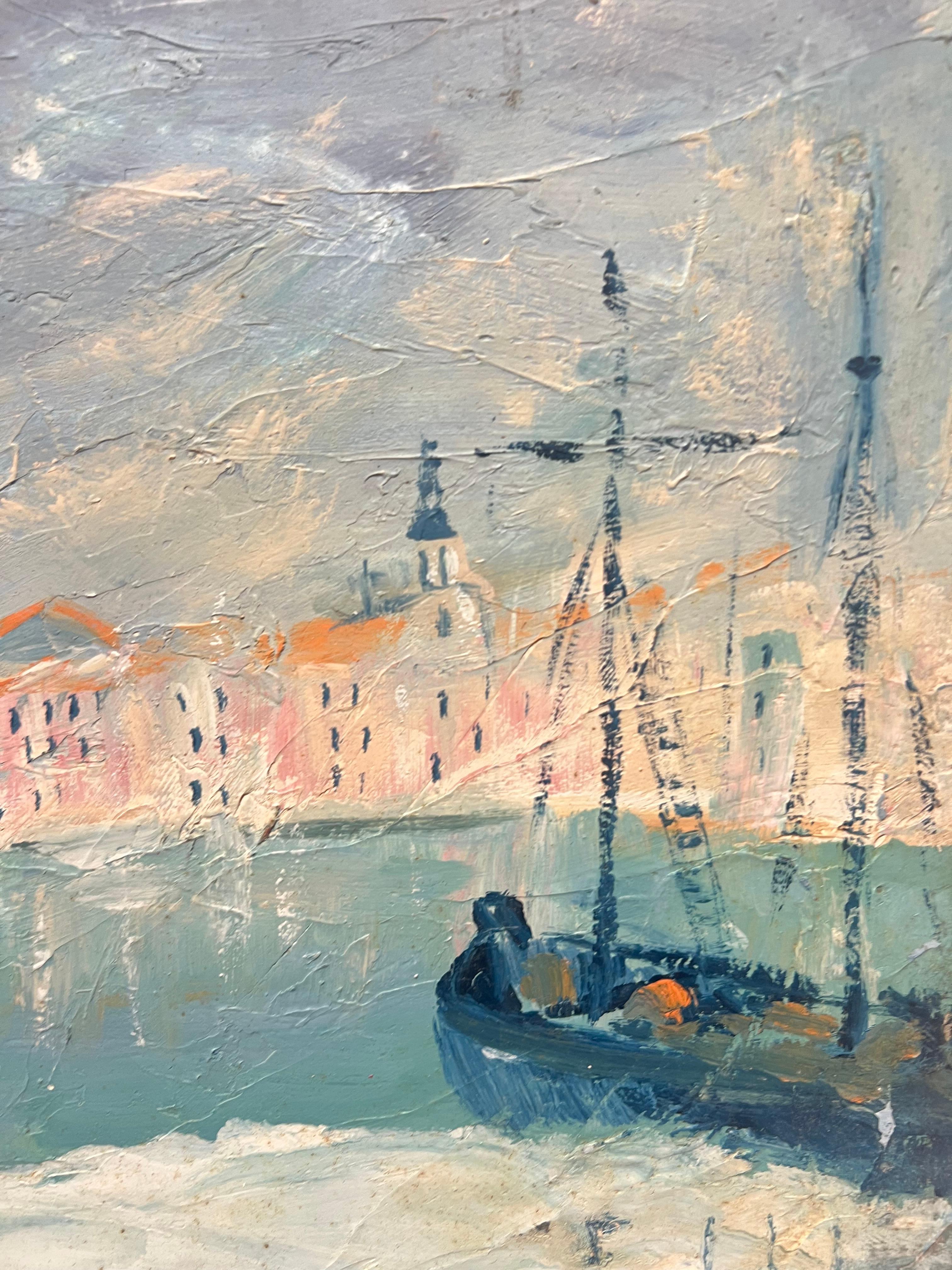 Mid 20th Century Impressionist Coastal View Tranquil Harbor Scene with Sailboats - Gray Landscape Painting by Fanch Lel