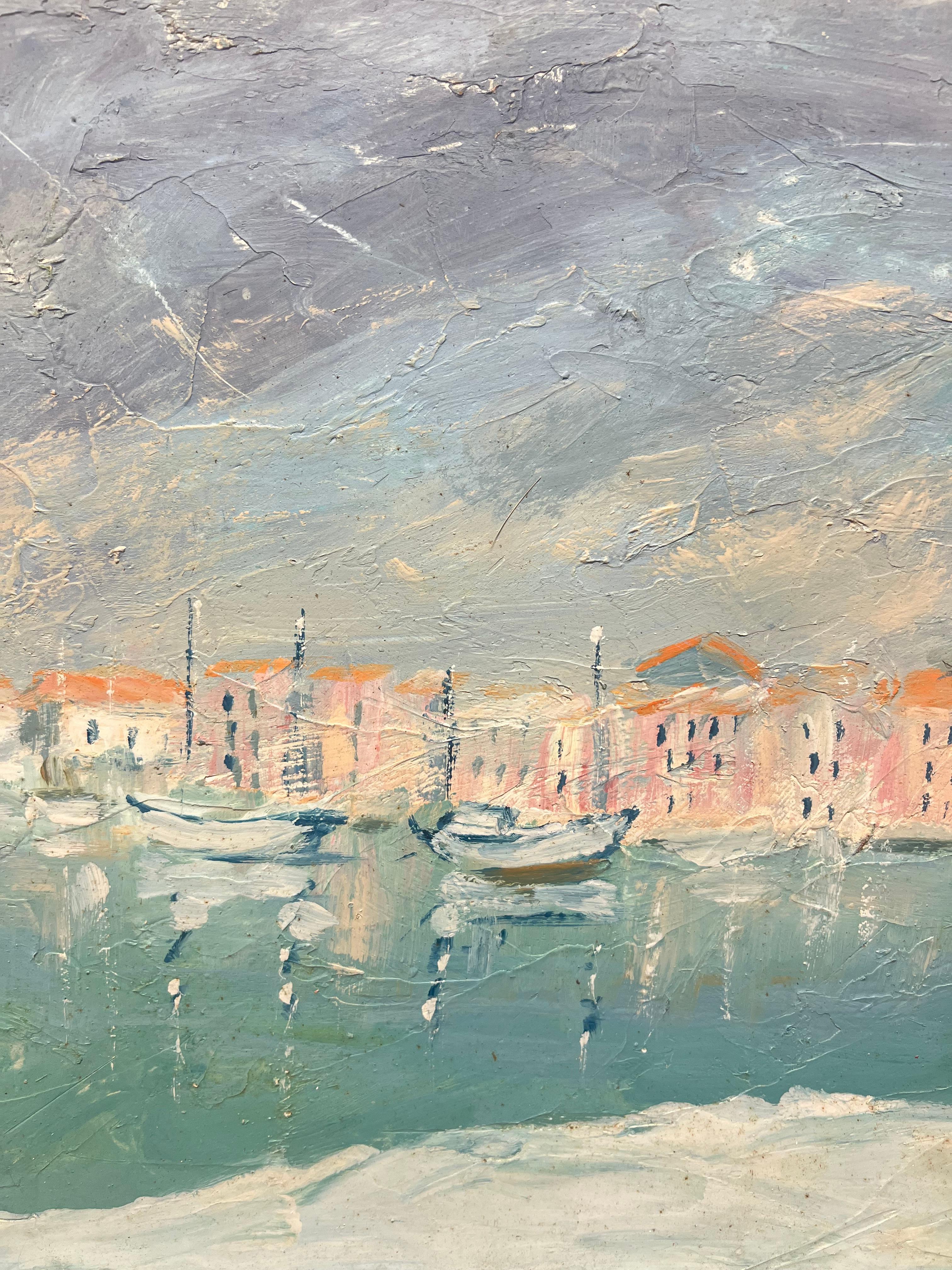 Mid 20th Century Impressionist Coastal View Tranquil Harbor Scene with Sailboats For Sale 1
