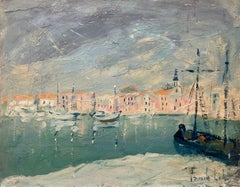 Mid 20th Century Impressionist Coastal View Tranquil Harbor Scene with Sailboats