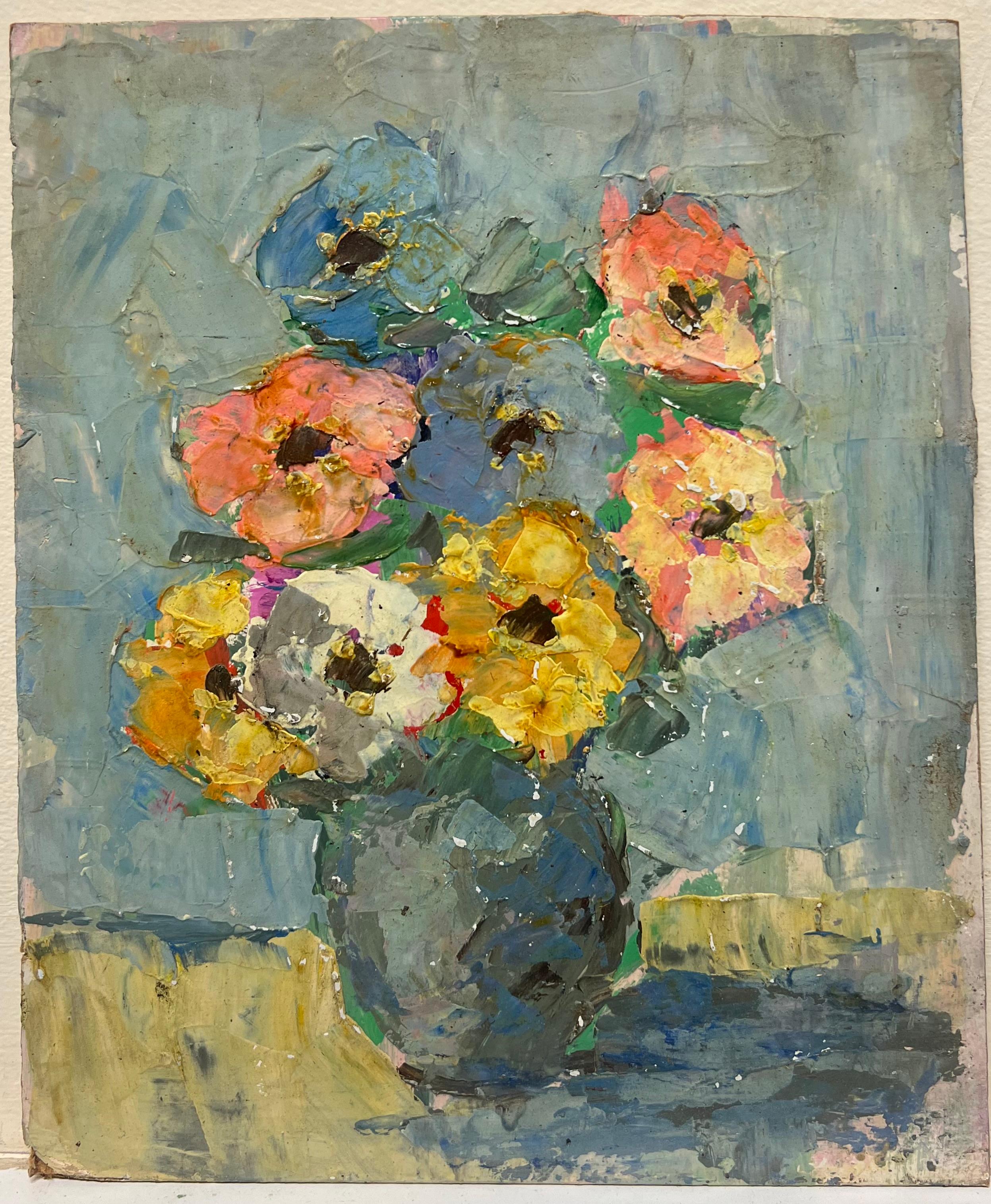 Mid Century Bold Bouquet of Wildflowers in a Blue Vase Oil Still Life - Painting by Fanch Lel