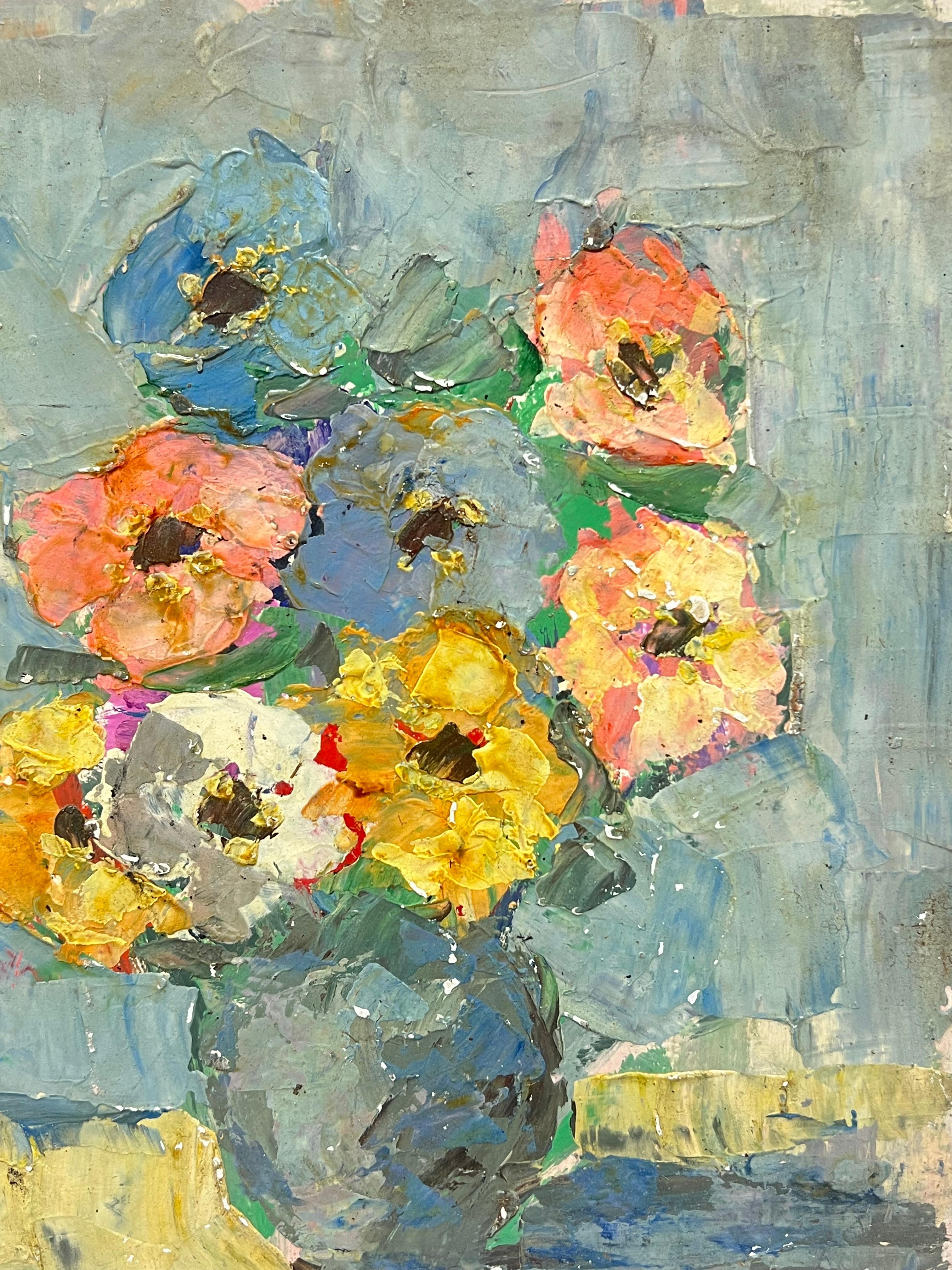 Mid Century Bold Bouquet of Wildflowers in a Blue Vase Oil Still Life - Impressionist Painting by Fanch Lel