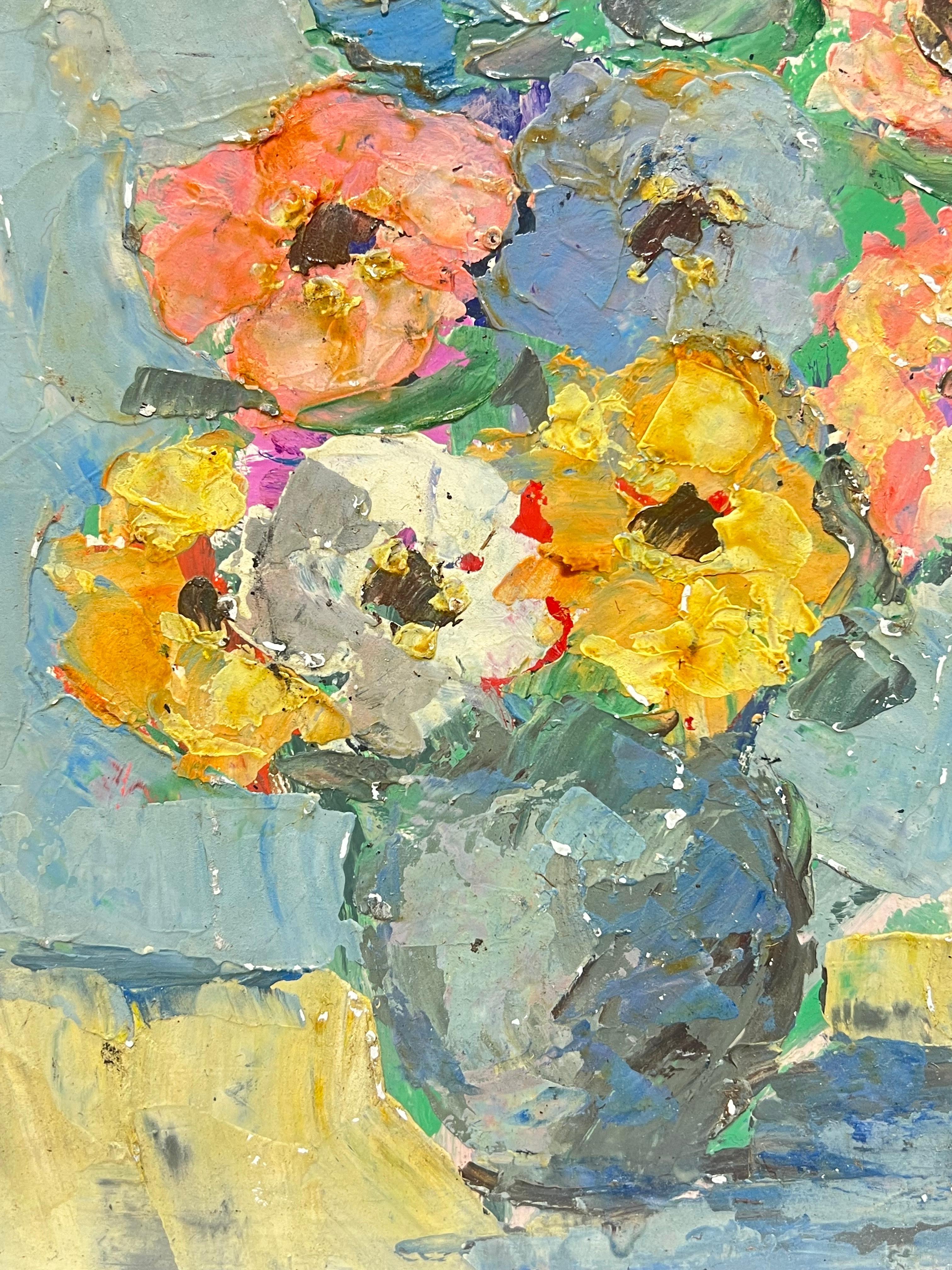 Bold Bouquet of Wildflowers in a Blue Vase 
by Fanch Lel (French b. 1930)
size: 10.75 x 9 inches
oil painting on board, unframed
condition: the painting is in very good condition. It has previously been stored in the artists studio. 

Provenance: