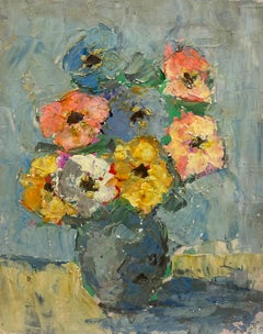 Mid Century Bold Bouquet of Wildflowers in a Blue Vase Oil Still Life