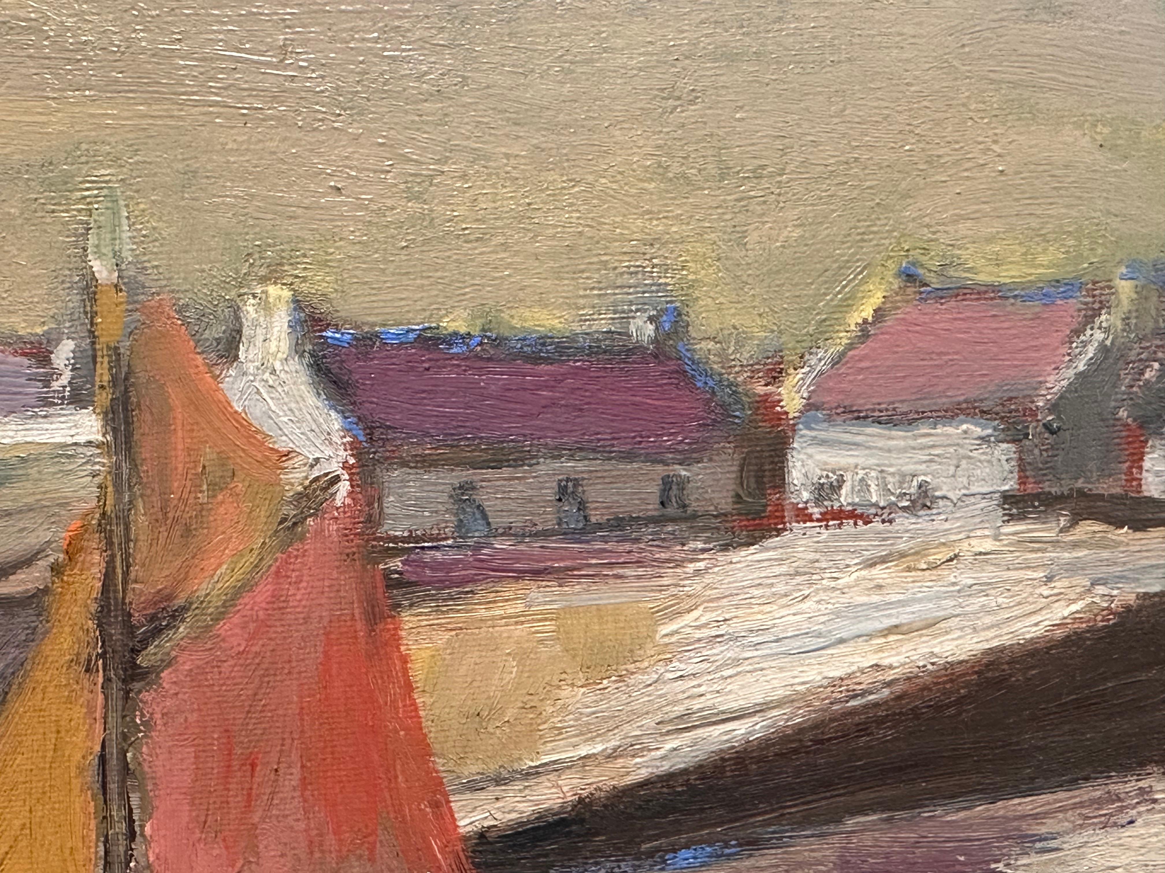 Mid-Century Breton Harbor Scene with Boats Original French Oil by Fanch Lel 1