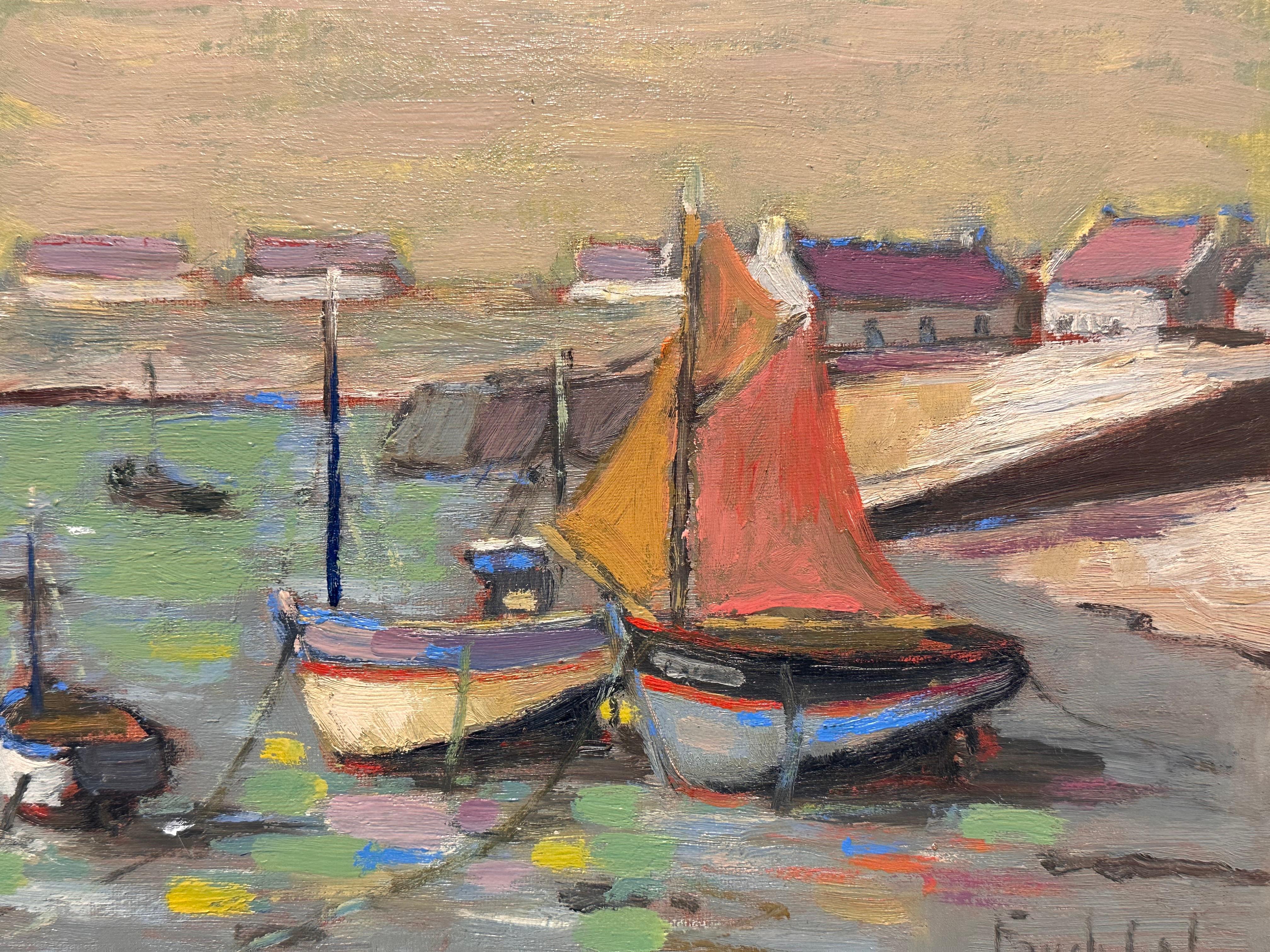 Mid-Century Breton Harbor Scene with Boats Original French Oil by Fanch Lel 2