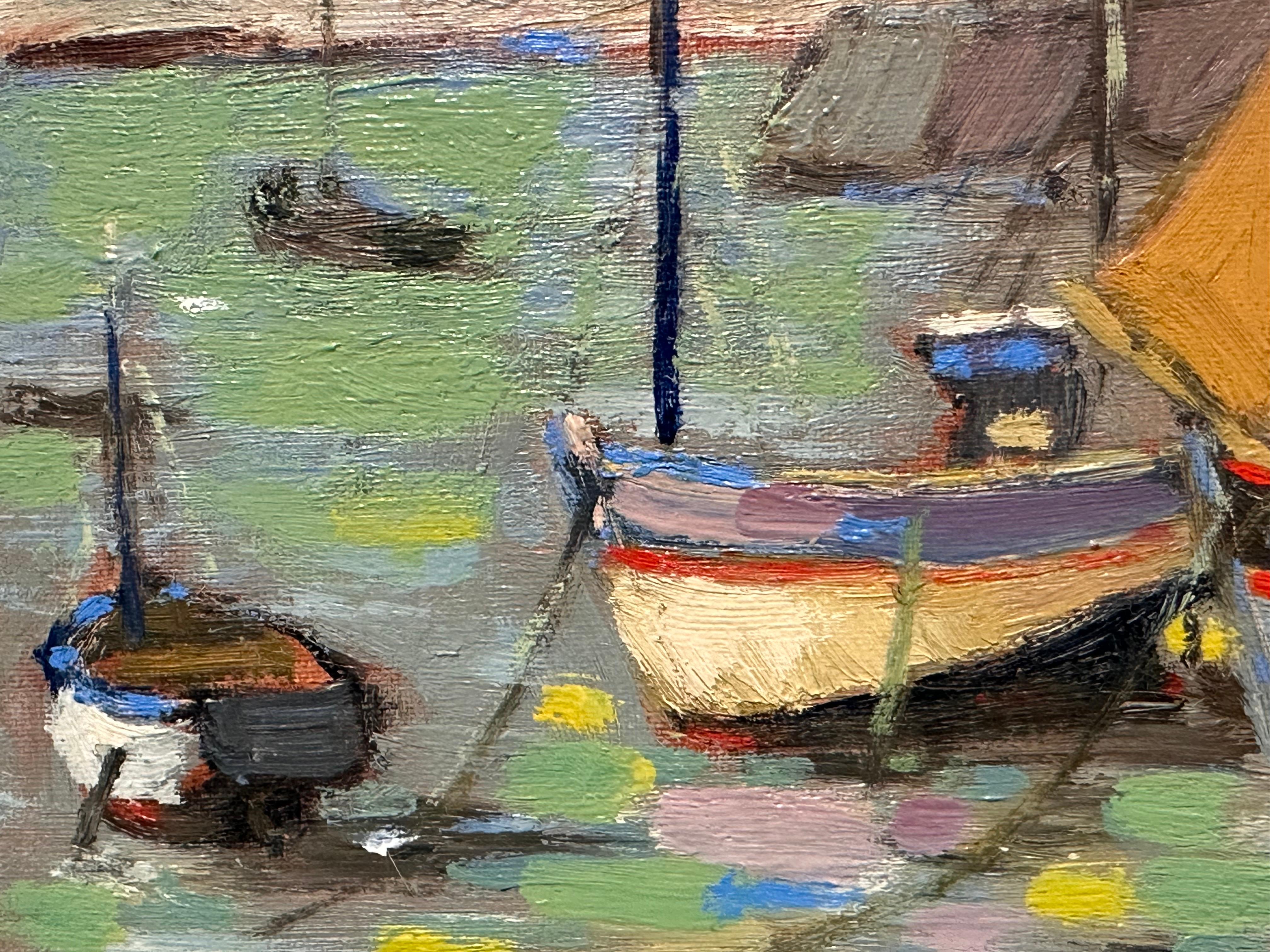 Mid-Century Breton Harbor Scene with Boats Original French Oil by Fanch Lel 3