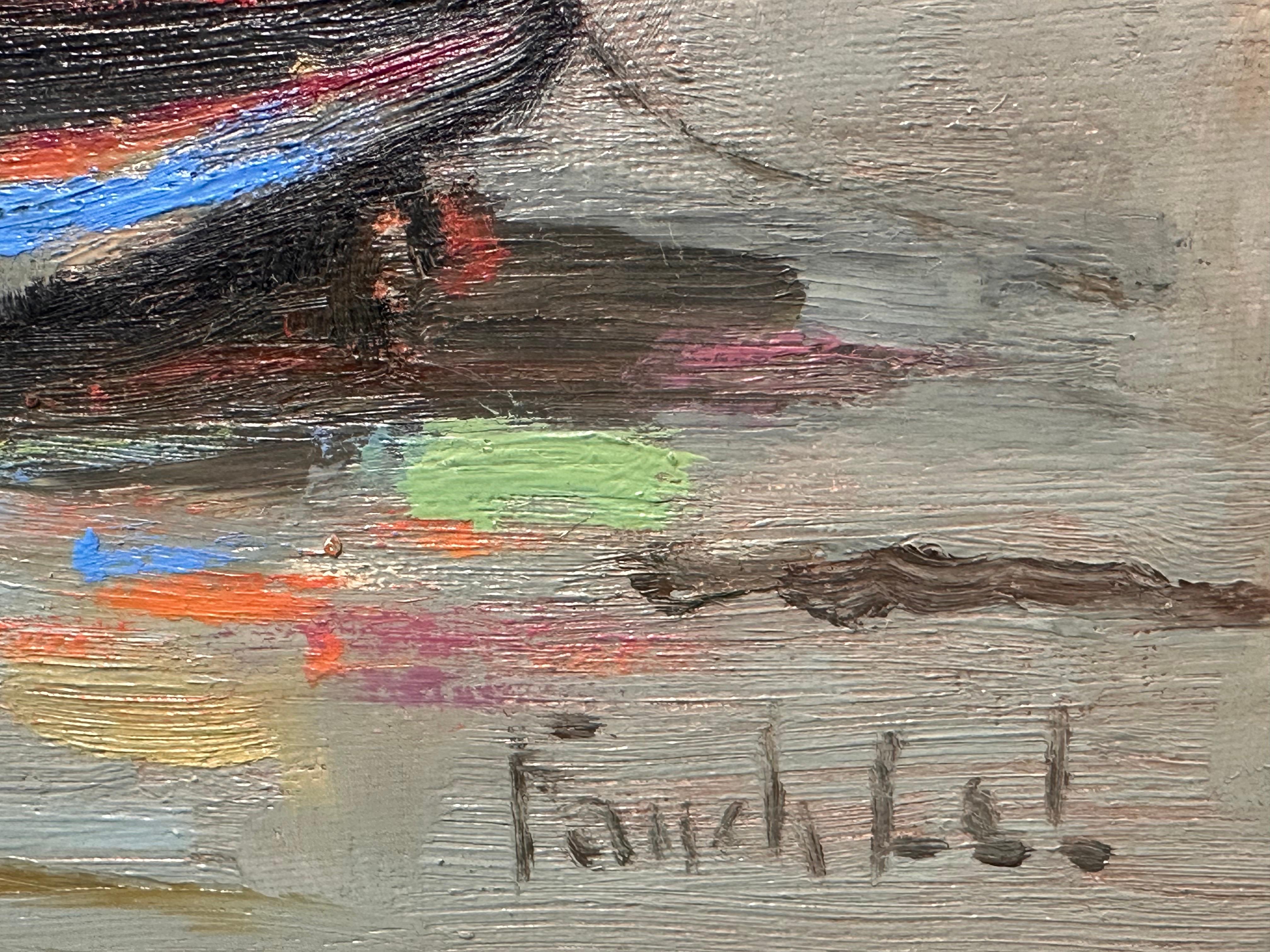 Mid-Century Breton Harbor Scene with Boats Original French Oil by Fanch Lel 4
