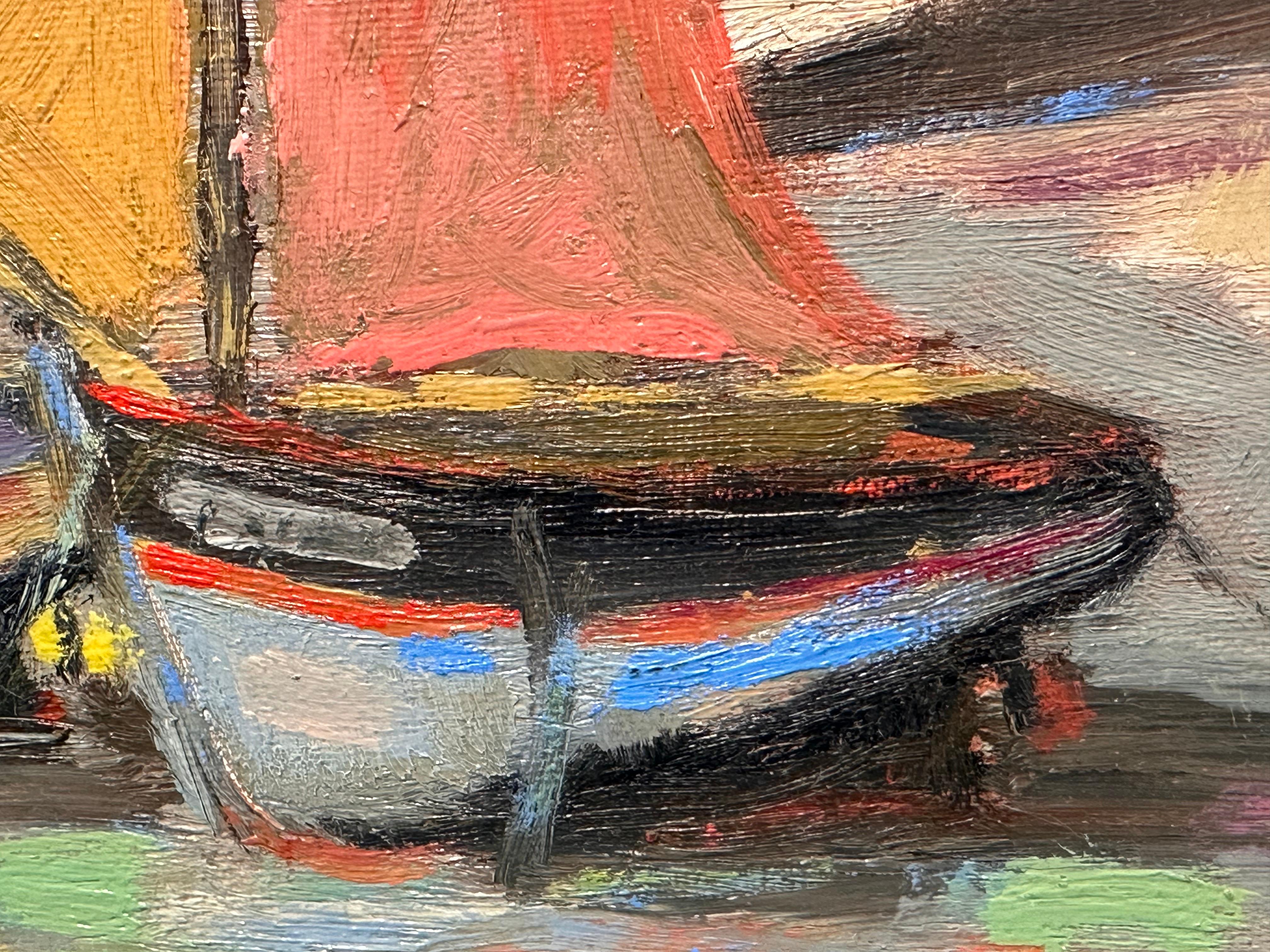 Mid-Century Breton Harbor Scene with Boats Original French Oil by Fanch Lel 5