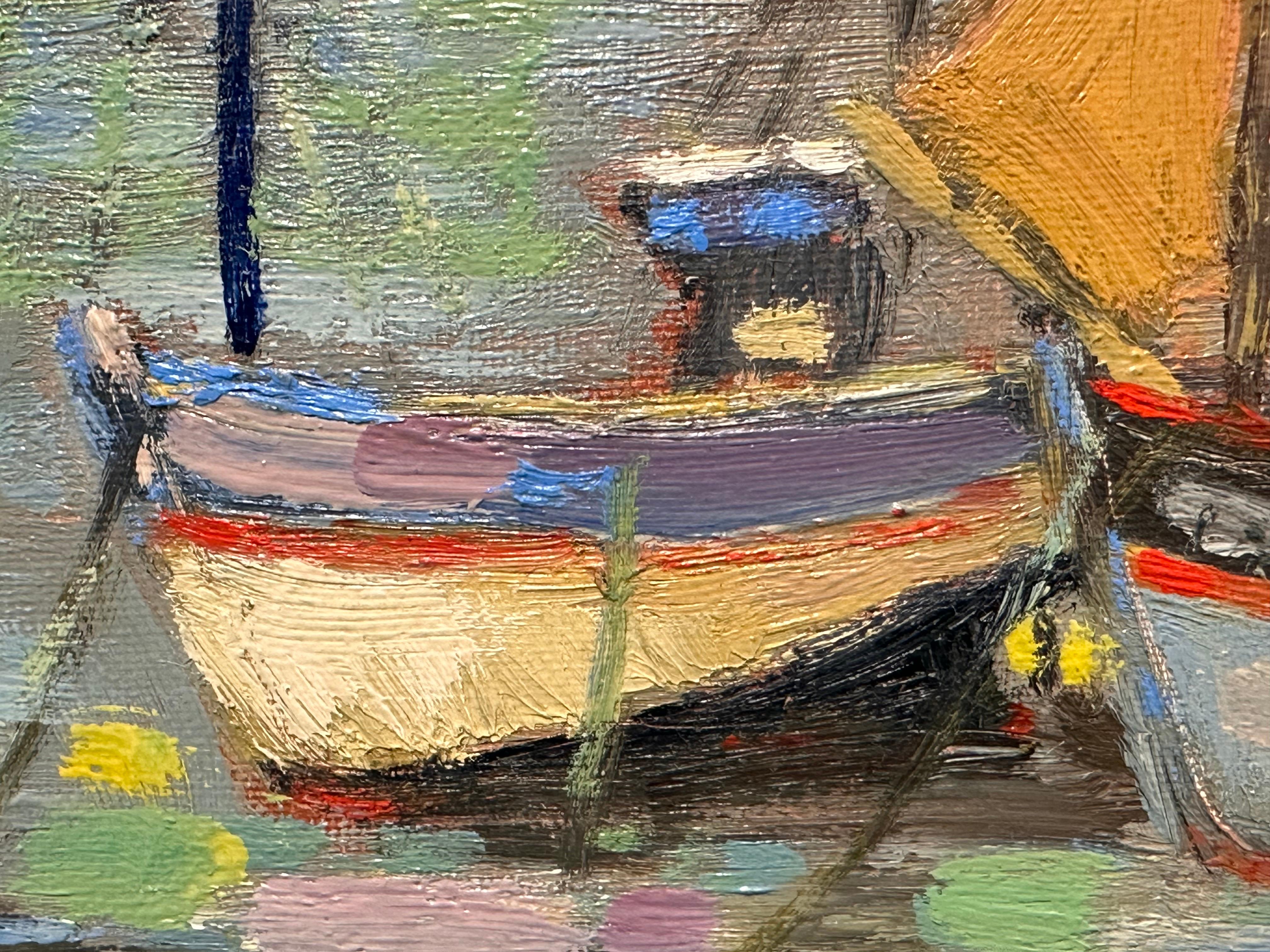 Mid-Century Breton Harbor Scene with Boats Original French Oil by Fanch Lel 6