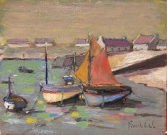 Mid-Century Breton Harbor Scene with Boats Original French Oil by Fanch Lel