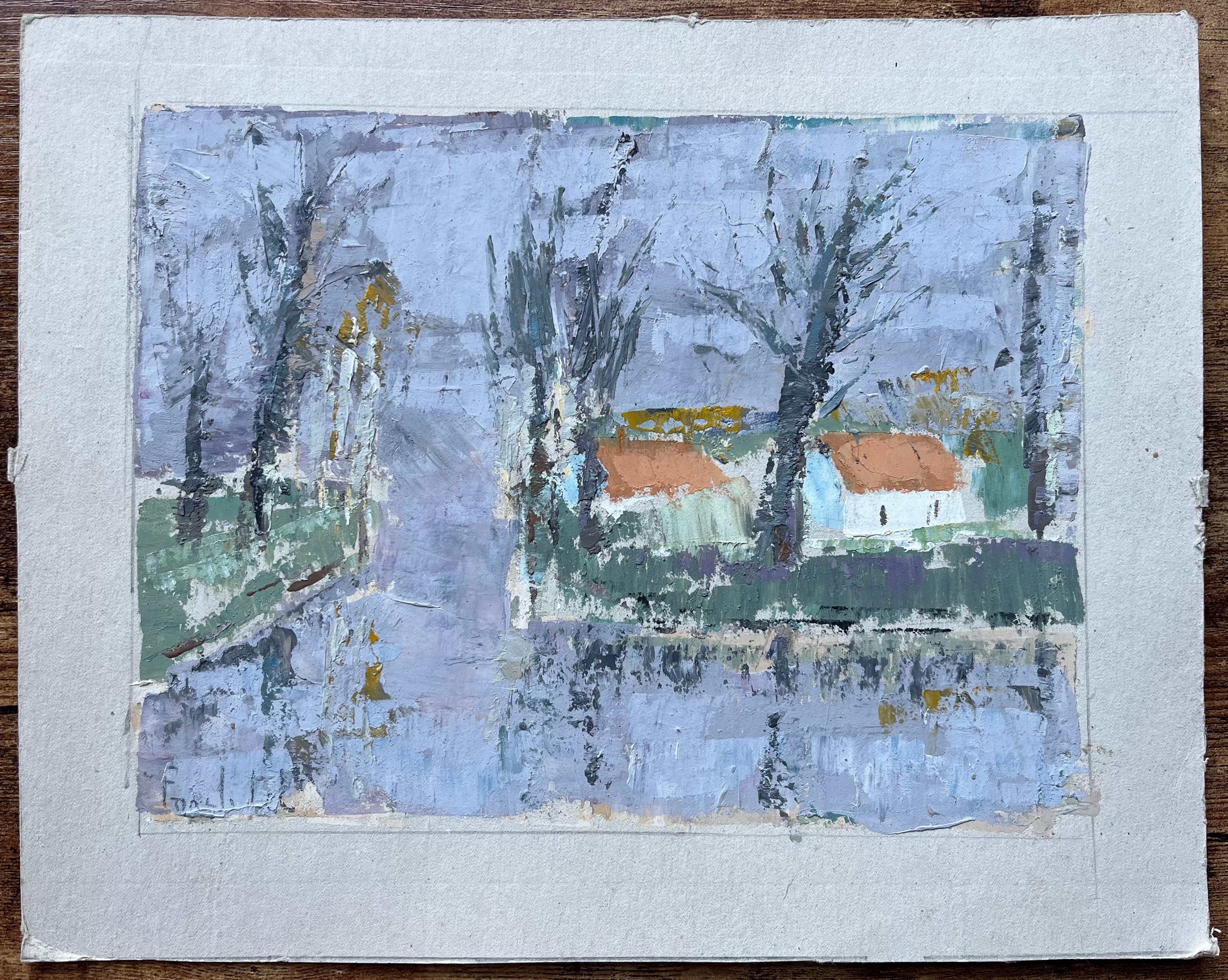 Französische Landschaft aus der Jahrhundertmitte mit kahlen Bäumen und Häusern mit roten Dächern – Painting von Fanch Lel