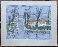 Paesaggio francese di metà secolo con alberi spogli e cottage dal tetto rosso