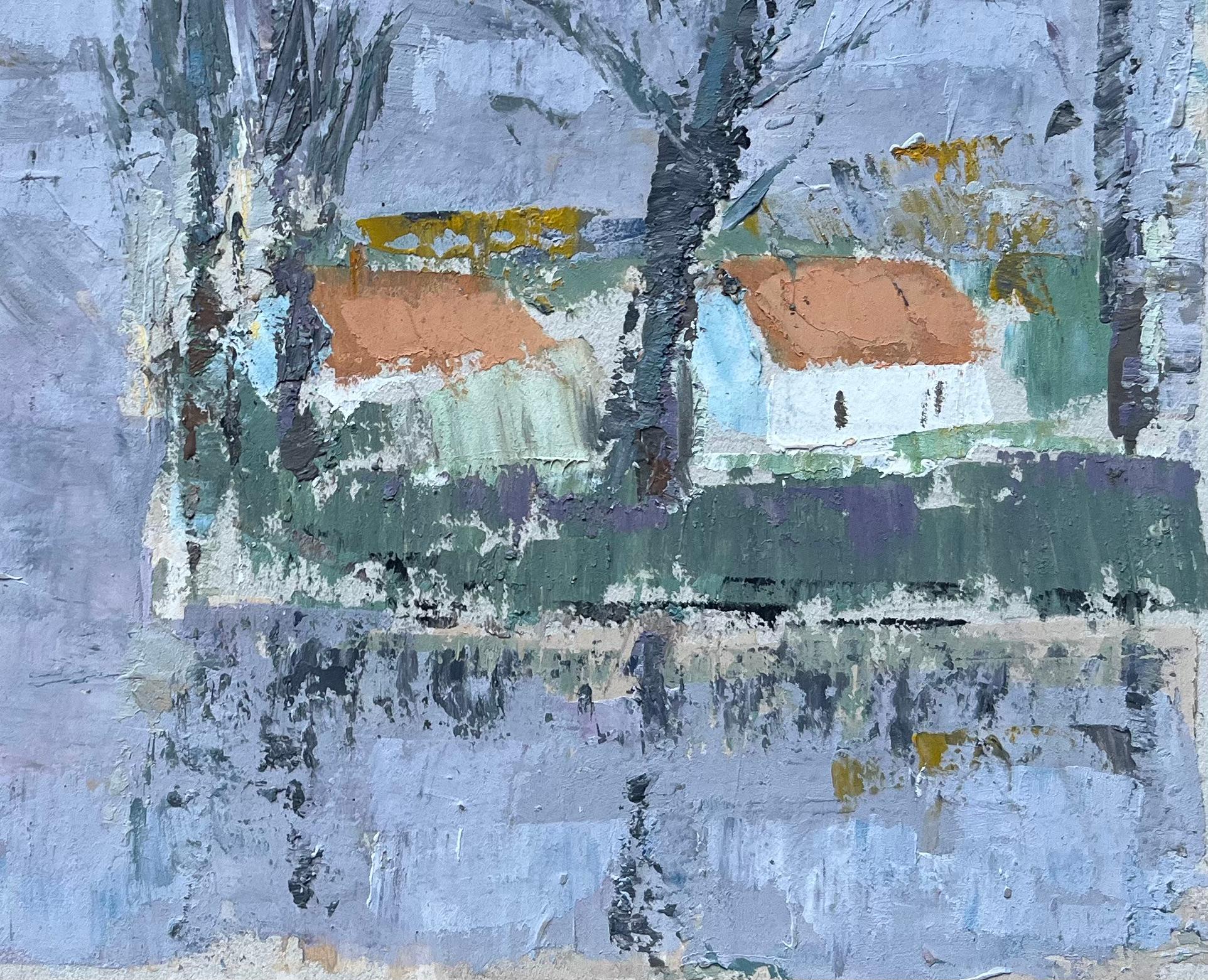Französische Landschaft aus der Jahrhundertmitte mit kahlen Bäumen und Häusern mit roten Dächern (Impressionismus), Painting, von Fanch Lel
