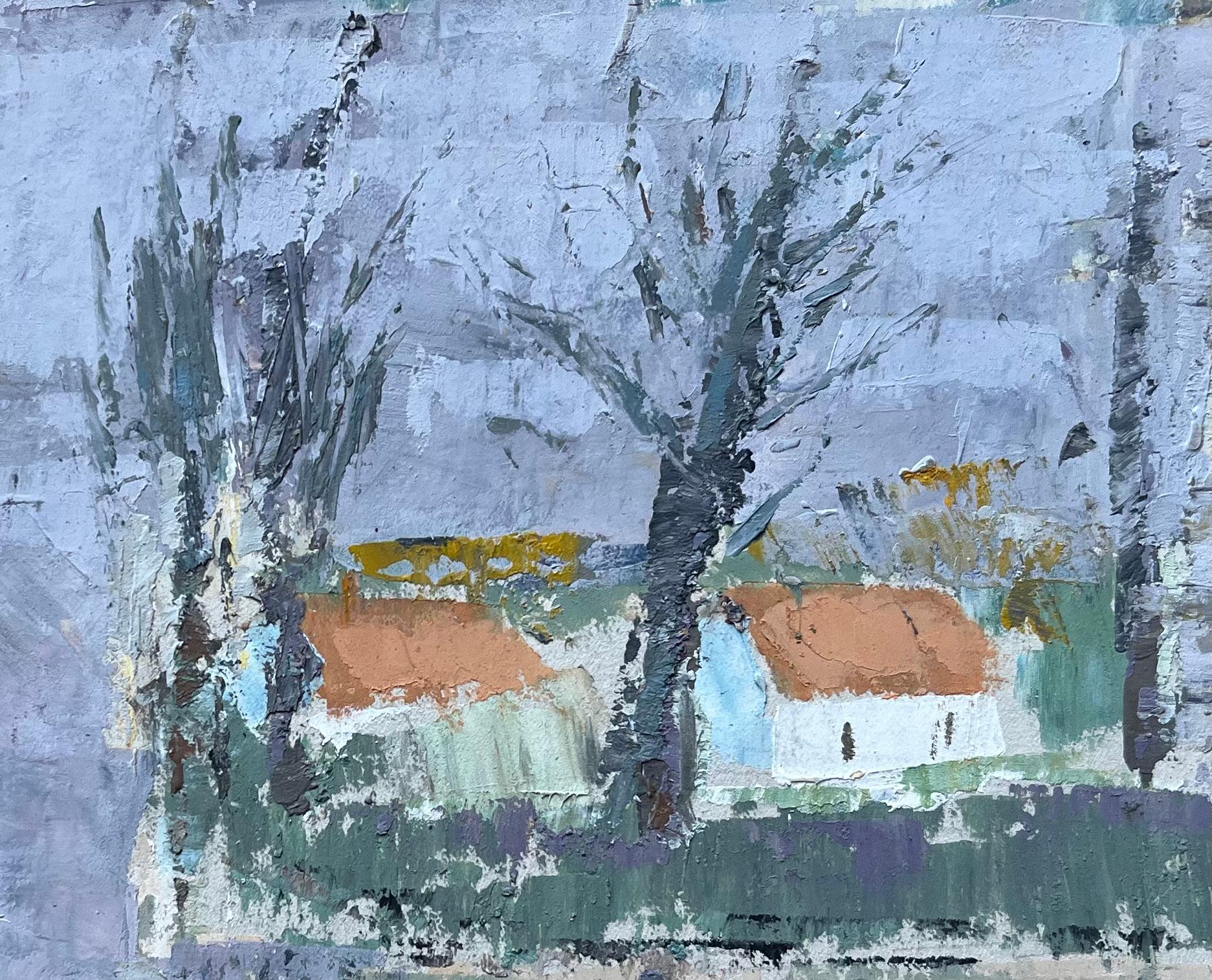 Französische Landschaft aus der Jahrhundertmitte mit kahlen Bäumen und Häusern mit roten Dächern (Blau), Landscape Painting, von Fanch Lel