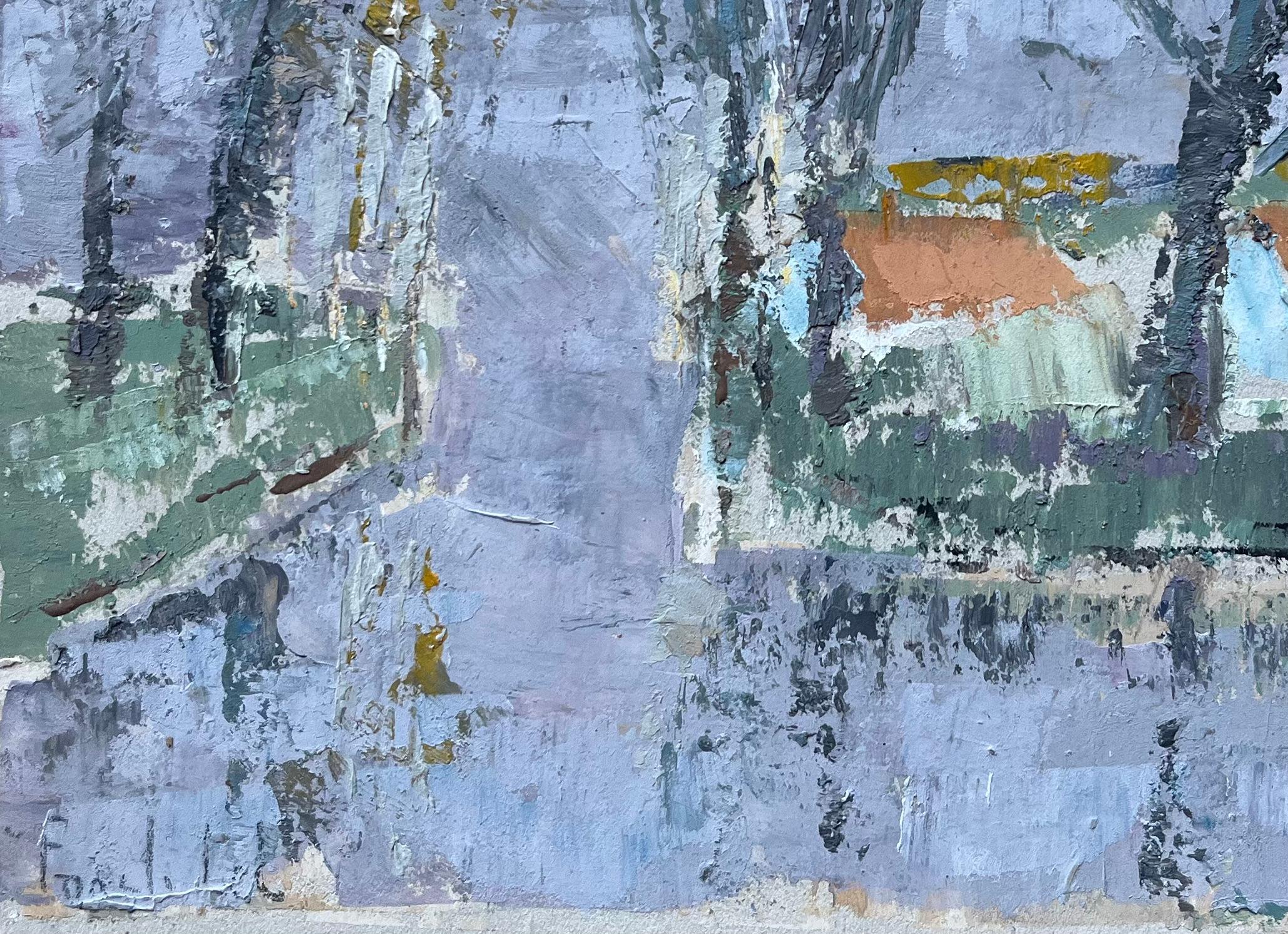 Titel: Französische Landschaft aus der Jahrhundertmitte mit kahlen Bäumen und Häusern mit roten Dächern
von Fanche Lel
Unterschrieben: Ja
Größe: 9,5 Zoll (Höhe) x 11,75 Zoll (Breite)
Ölgemälde auf Karton, ungerahmt
Zustand: Das Gemälde ist in gutem