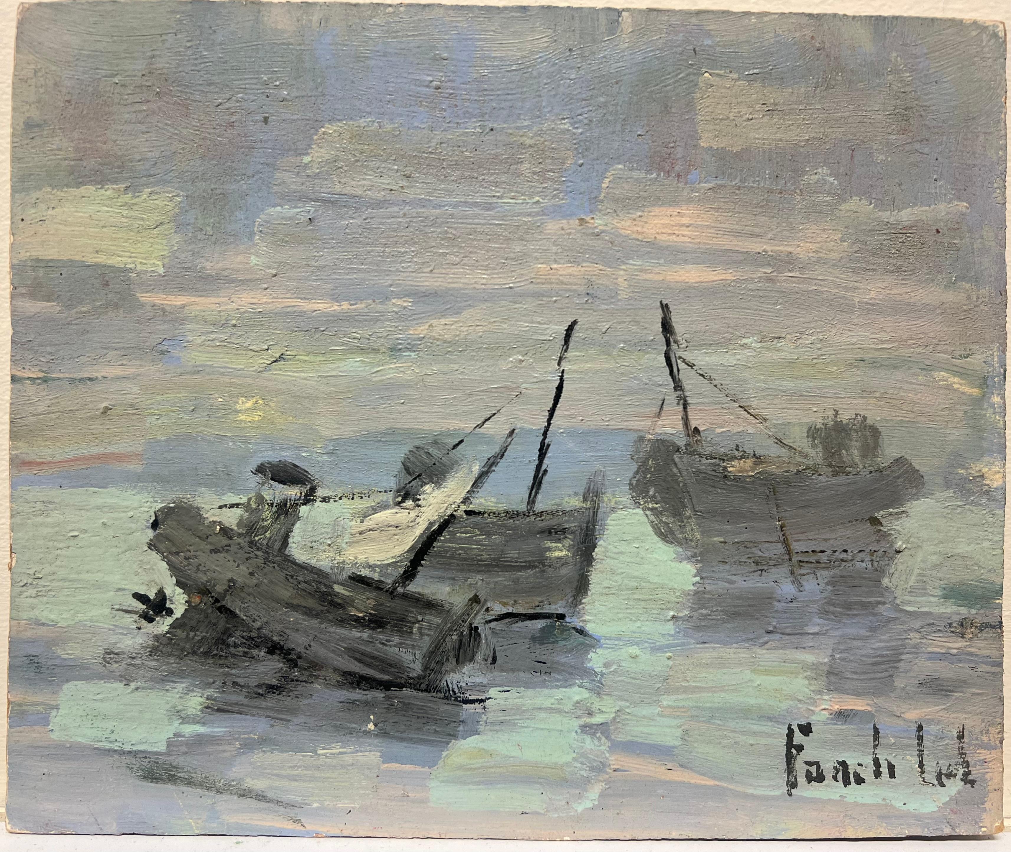 Scena costiera impressionista di metà secolo Paesaggio marino muto con barche all'alba - Painting di Fanch Lel